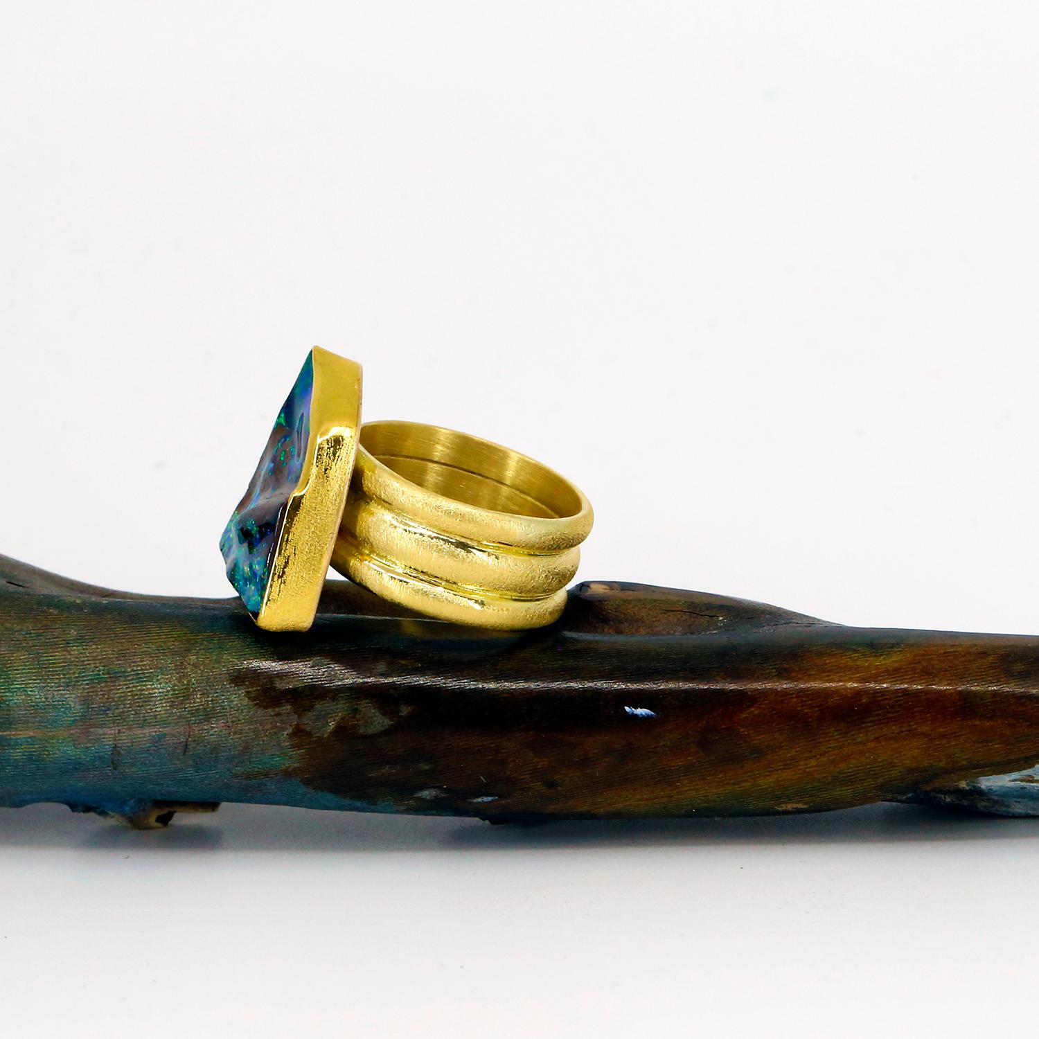 Artisan Boulder Opal Ring Triple Gold Band 22k 18k Gold For Sale