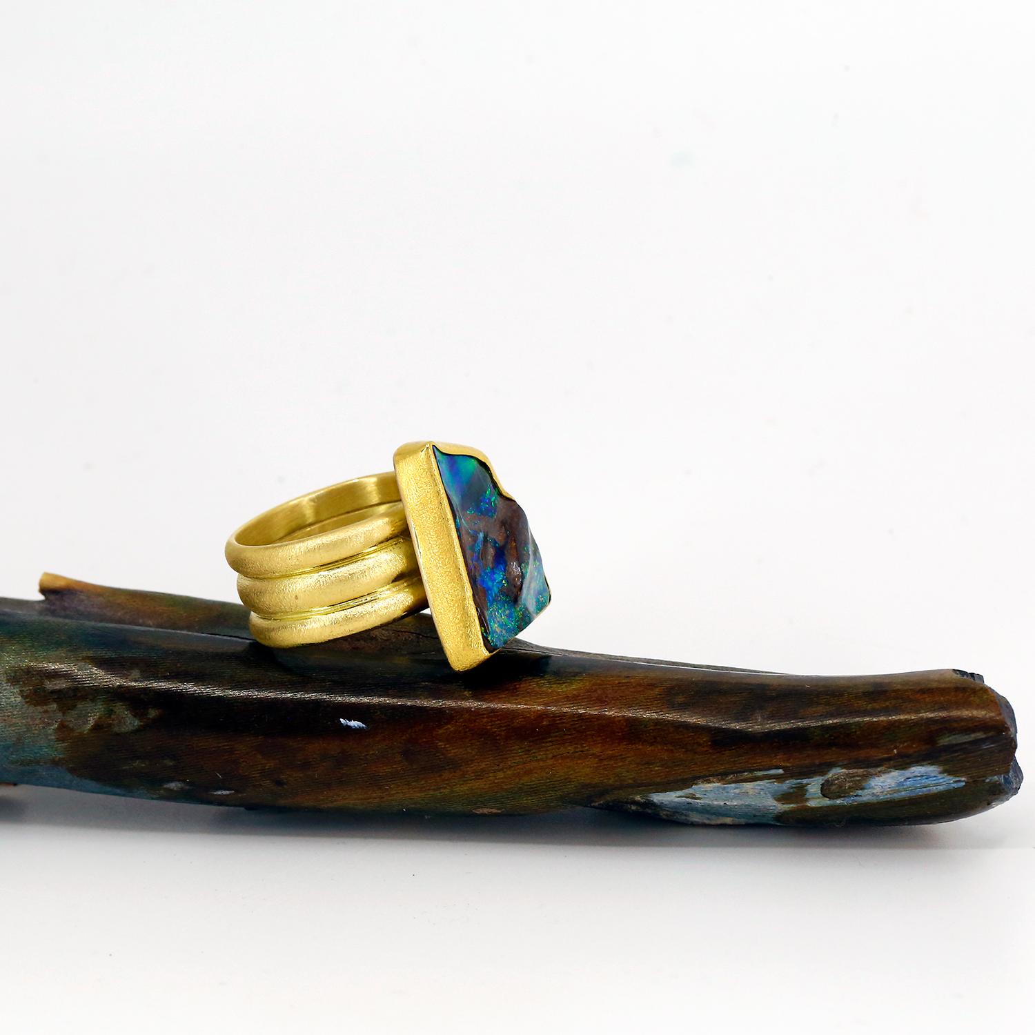 Cabochon Boulder Opal Ring Triple Gold Band 22k 18k Gold For Sale