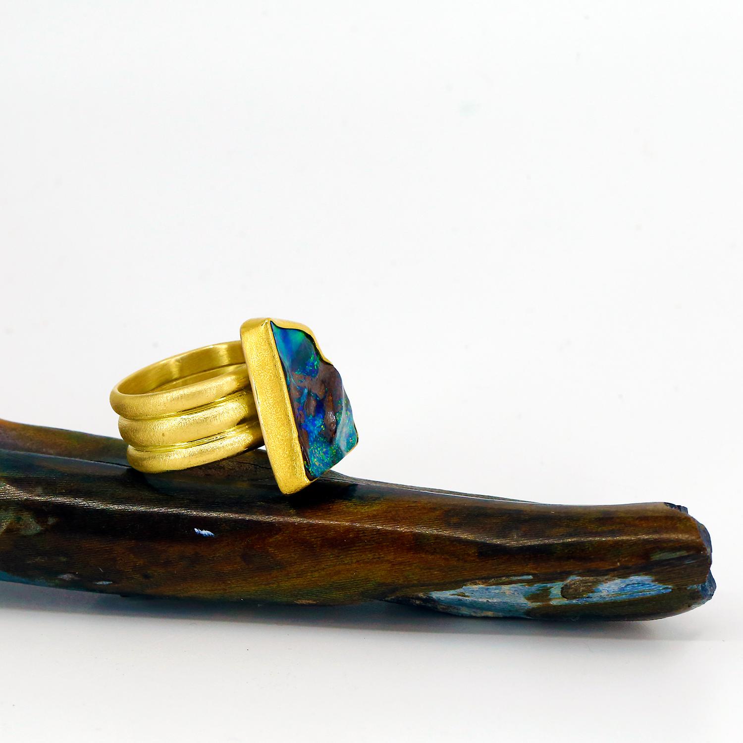 Boulder Opal Ring Triple Gold Band 22k 18k Gold In New Condition For Sale In Wolfeboro, NH