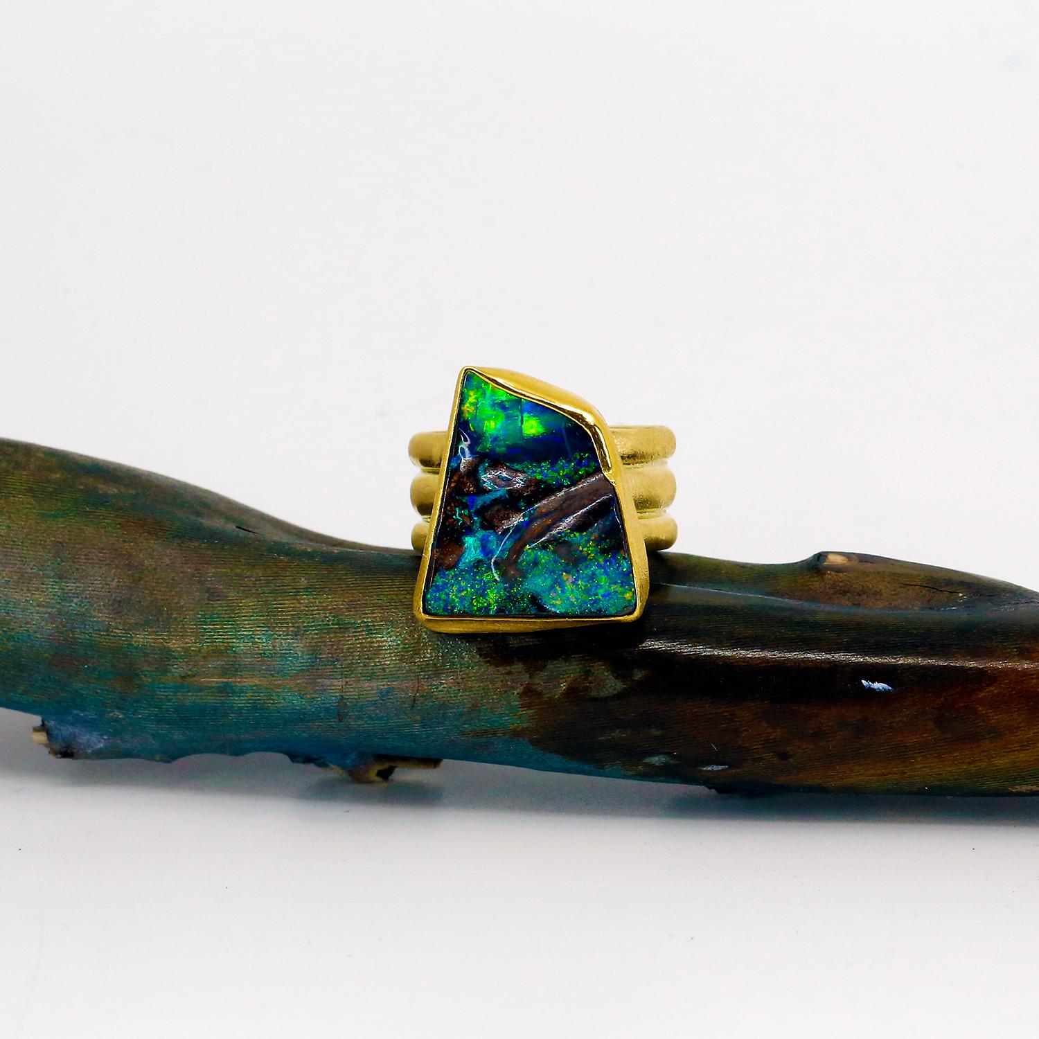 Boulder Opal Ring Triple Gold Band 22k 18k Gold For Sale 1