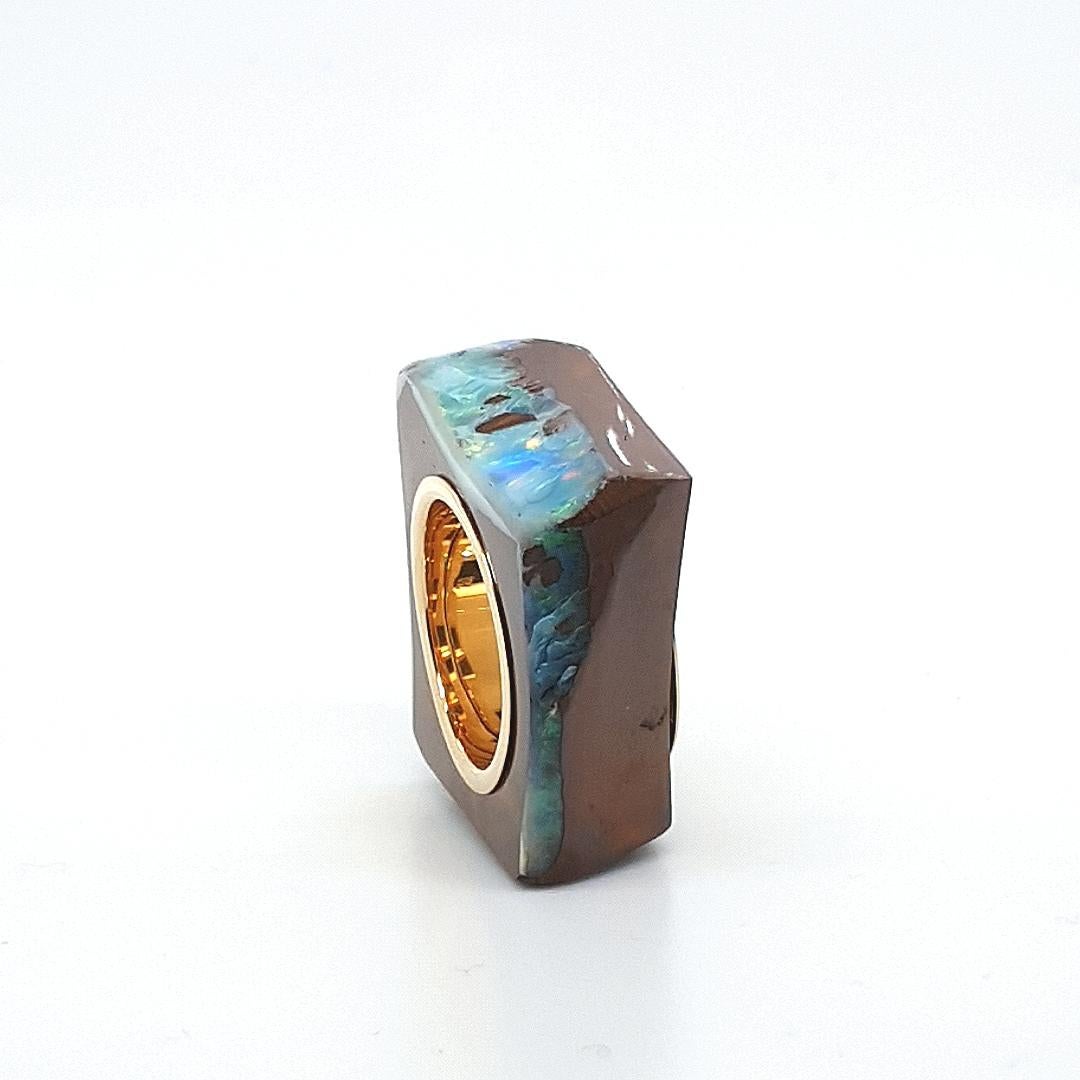Arts and Crafts Boulder Opal Ring with 18 Carat Yellow Gold For Sale