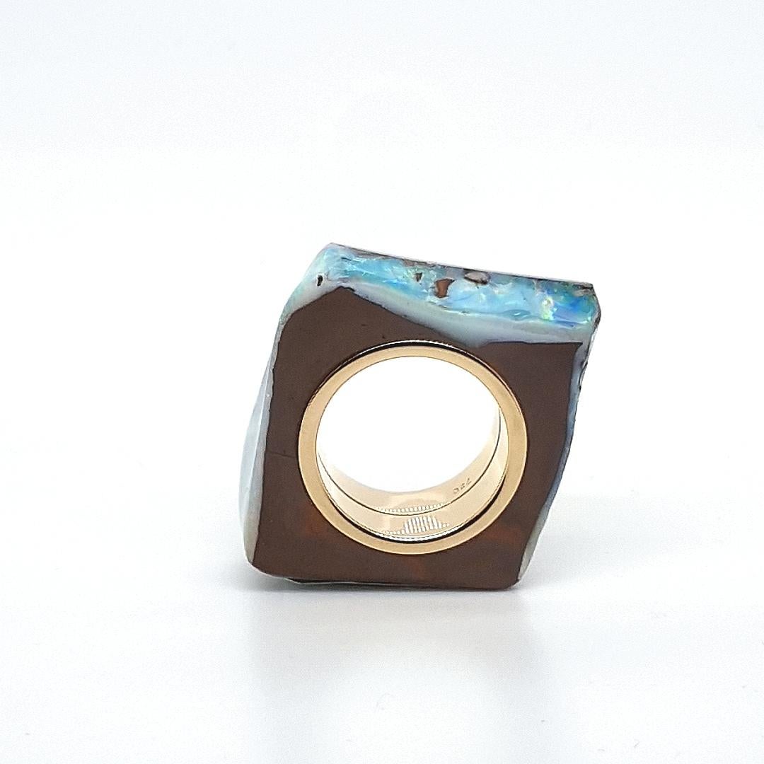Rough Cut Boulder Opal Ring with 18 Carat Yellow Gold For Sale