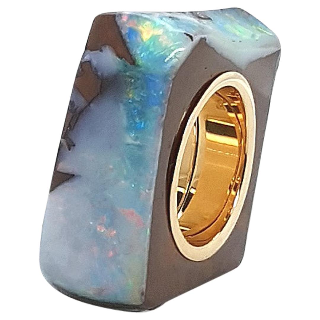 Boulder Opal Ring with 18 Carat Yellow Gold For Sale