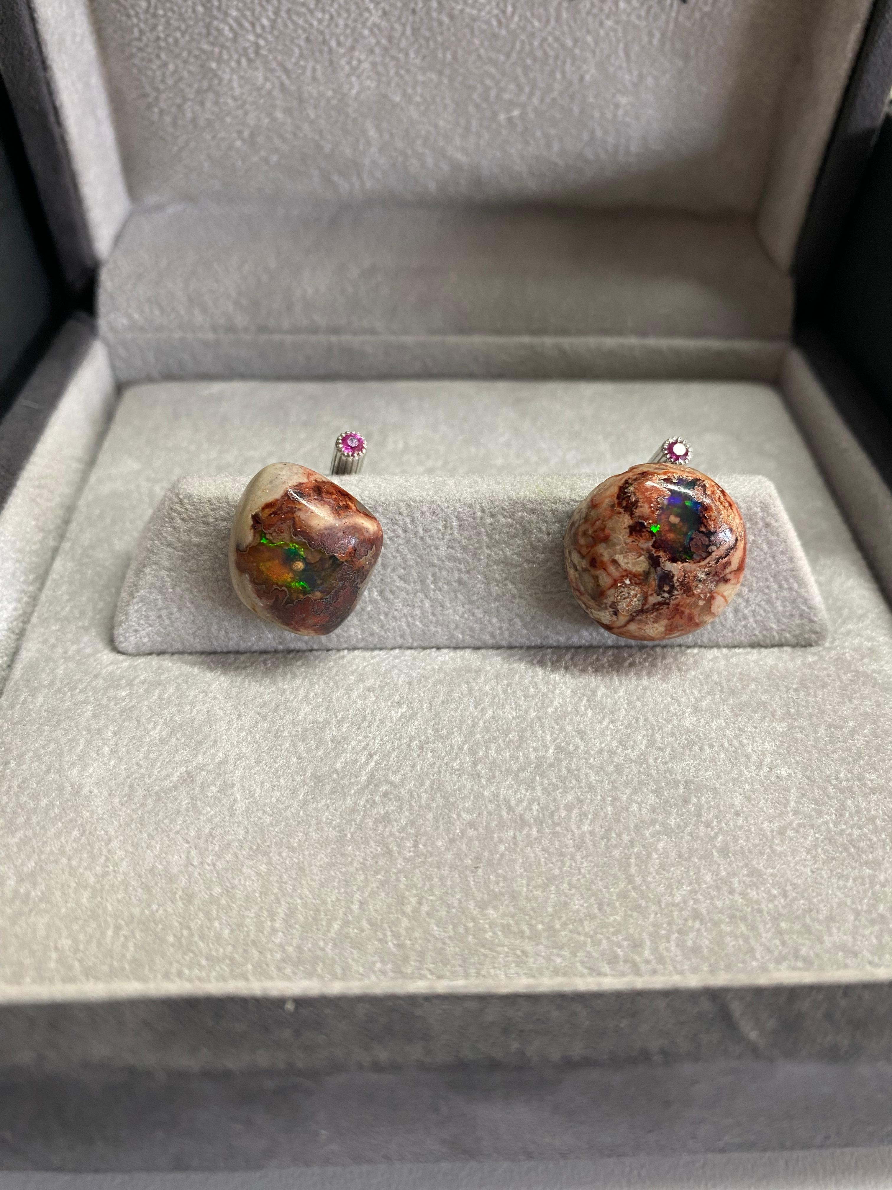 Boulder Opal Ruby 18 KT White Gold Cufflinks In New Condition For Sale In Valenza , IT