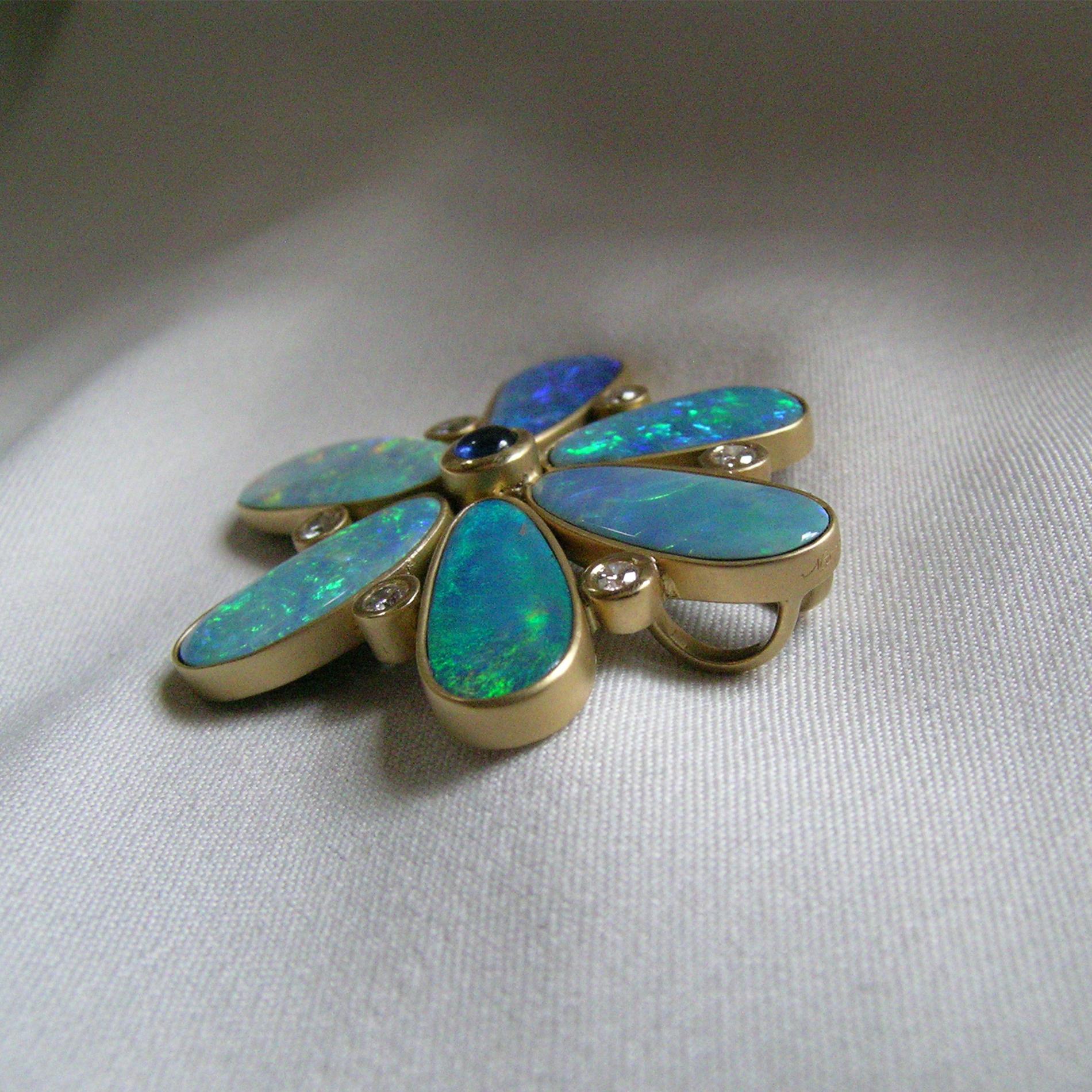 Artisan Boulder Opal, Sapphire and Diamond Flower Pendant For Sale