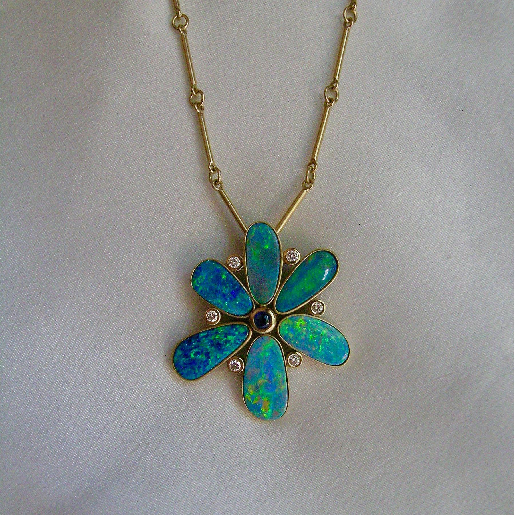 Brilliant Cut Boulder Opal, Sapphire and Diamond Flower Pendant For Sale