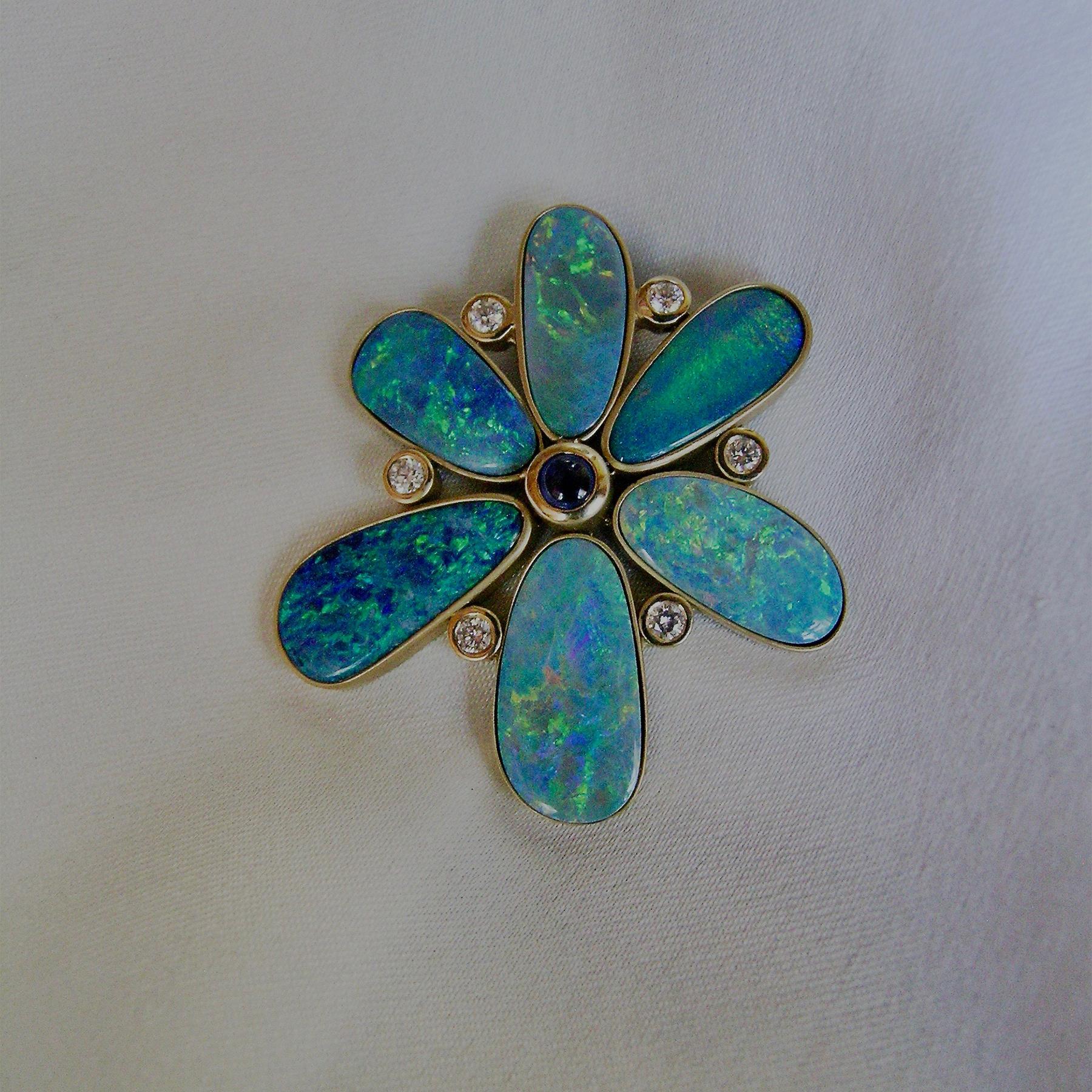 Boulder Opal, Sapphire and Diamond Flower Pendant In New Condition For Sale In Eugene, OR