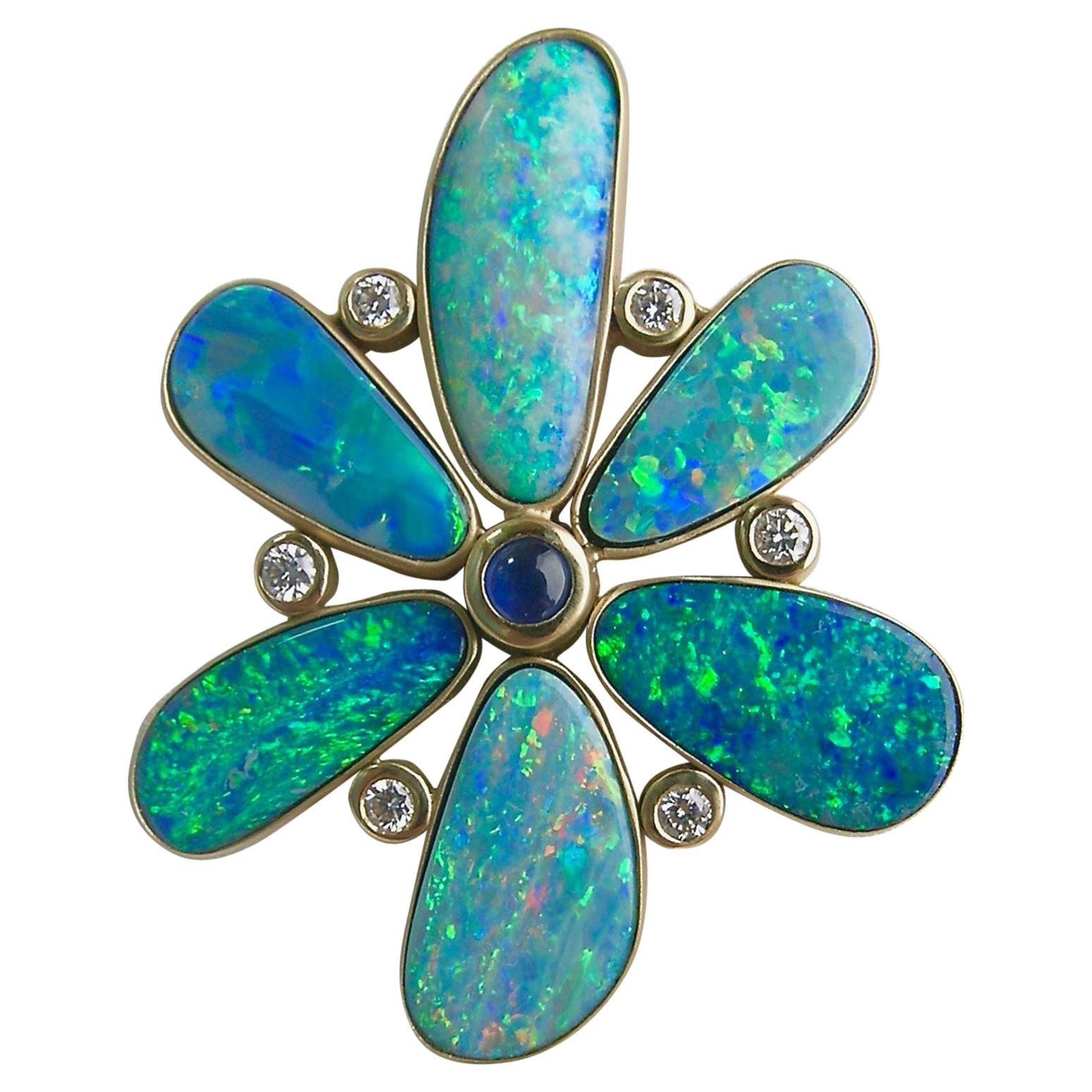 Boulder Opal, Sapphire and Diamond Flower Pendant For Sale