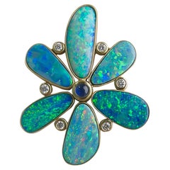 Boulder Opal, Sapphire and Diamond Flower Pendant