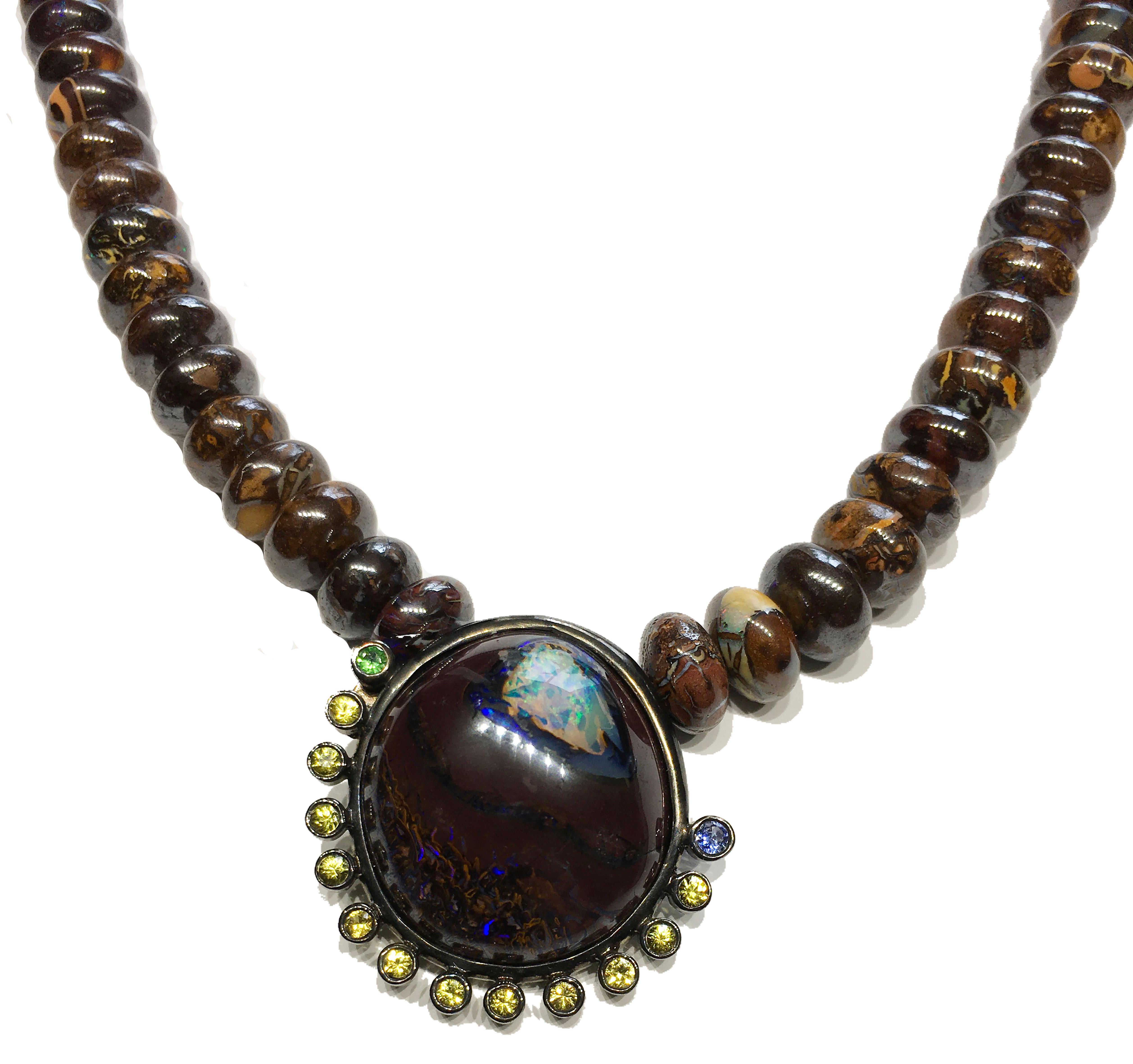 Boulder Opal, Sapphire and Tsavorite Pendant on a Beaded Boulder Opal Necklace. For Sale 2