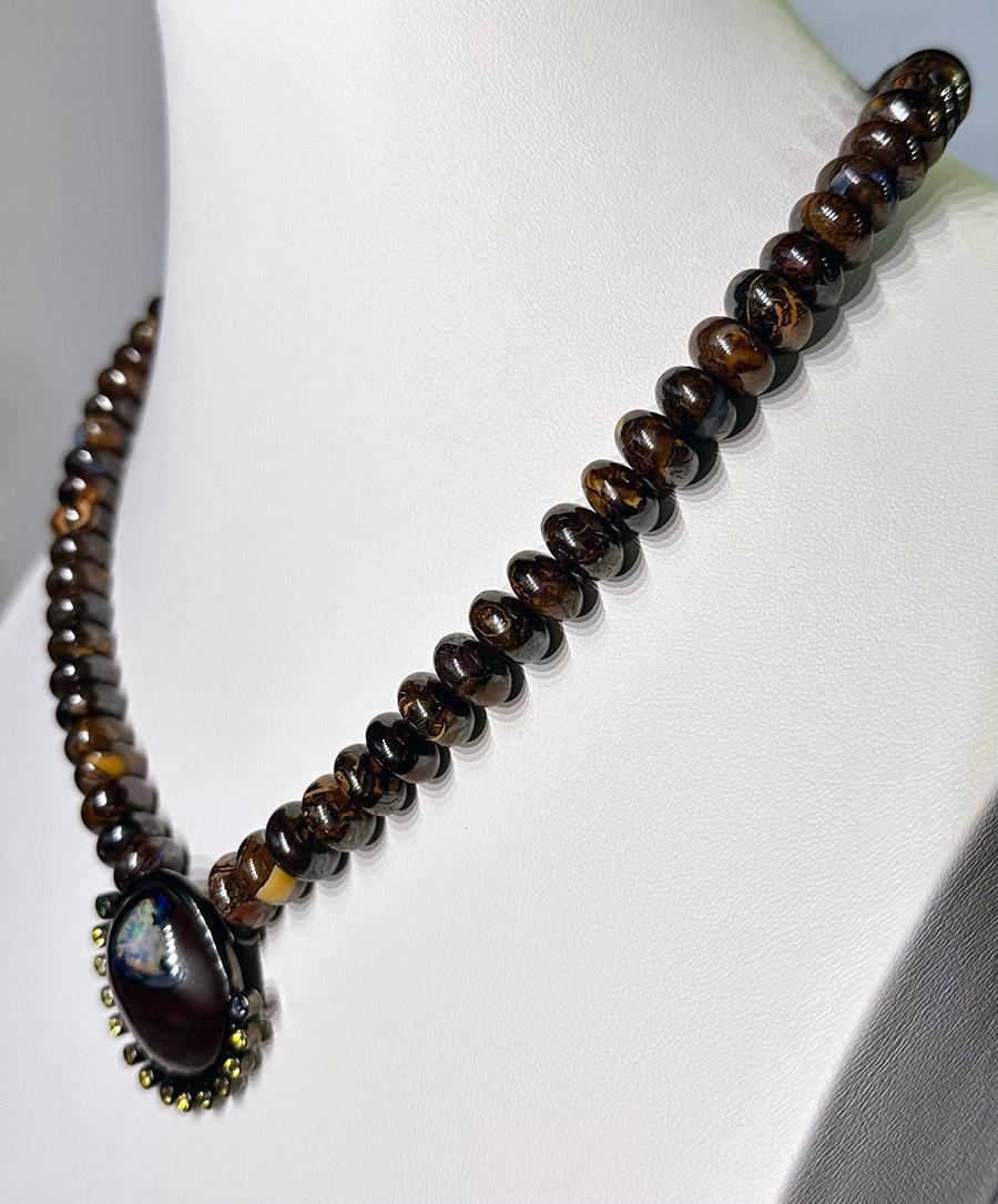 Boulder Opal, Sapphire and Tsavorite Pendant on a Beaded Boulder Opal Necklace. For Sale 3