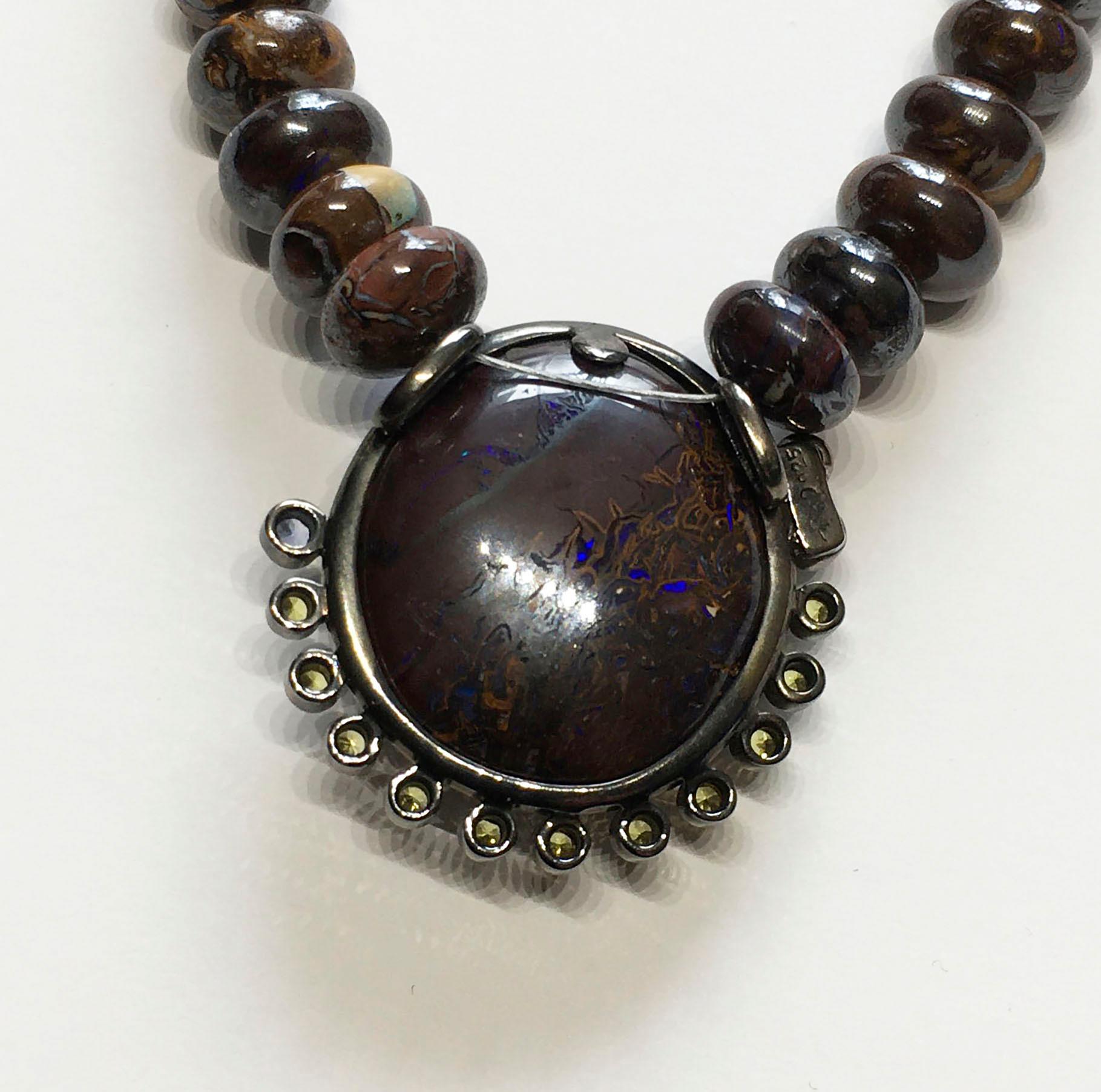 Boulder Opal, Sapphire and Tsavorite Pendant on a Beaded Boulder Opal Necklace. For Sale 4