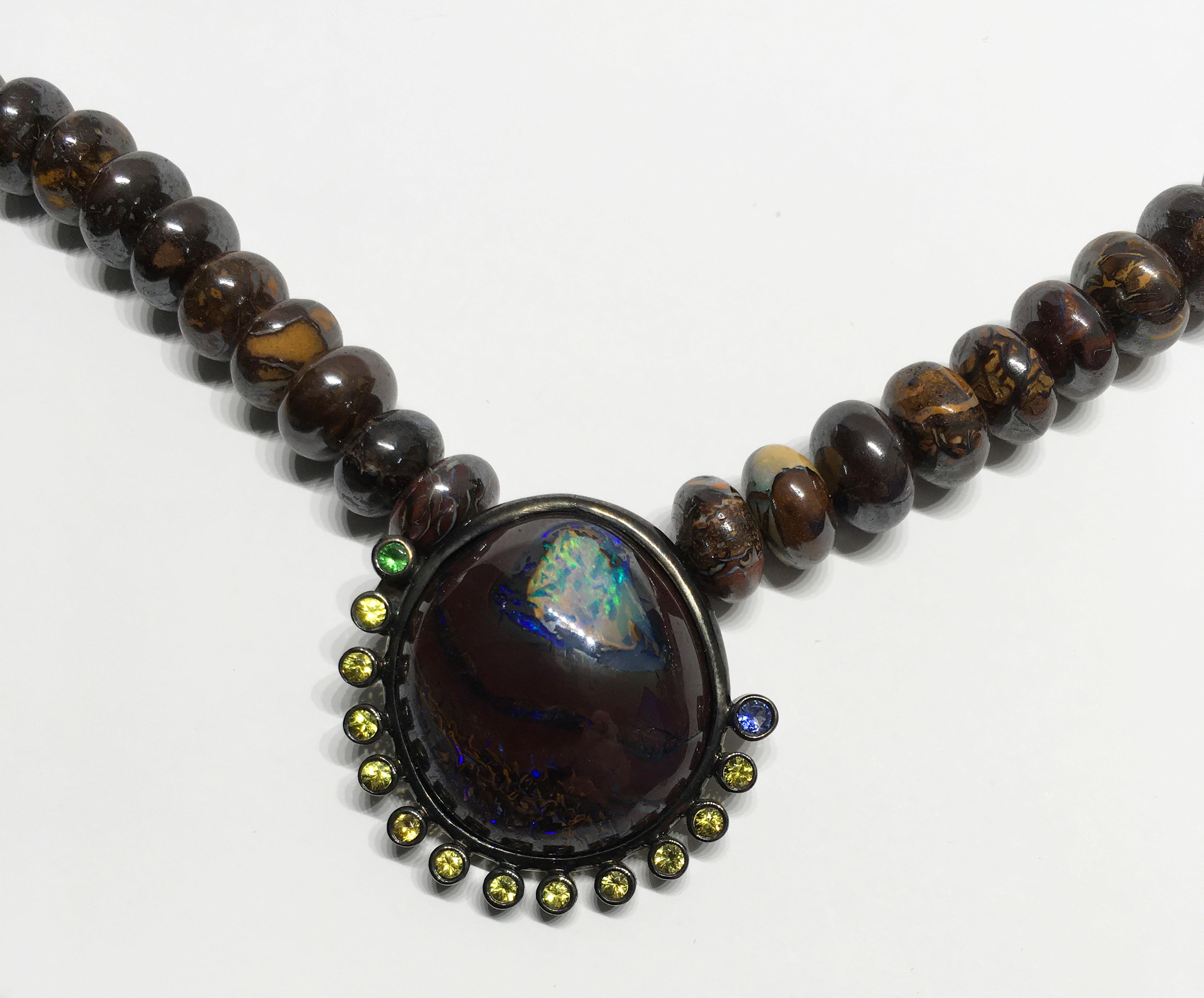 Boulder Opal, Sapphire and Tsavorite Pendant on a Beaded Boulder Opal Necklace. For Sale 5