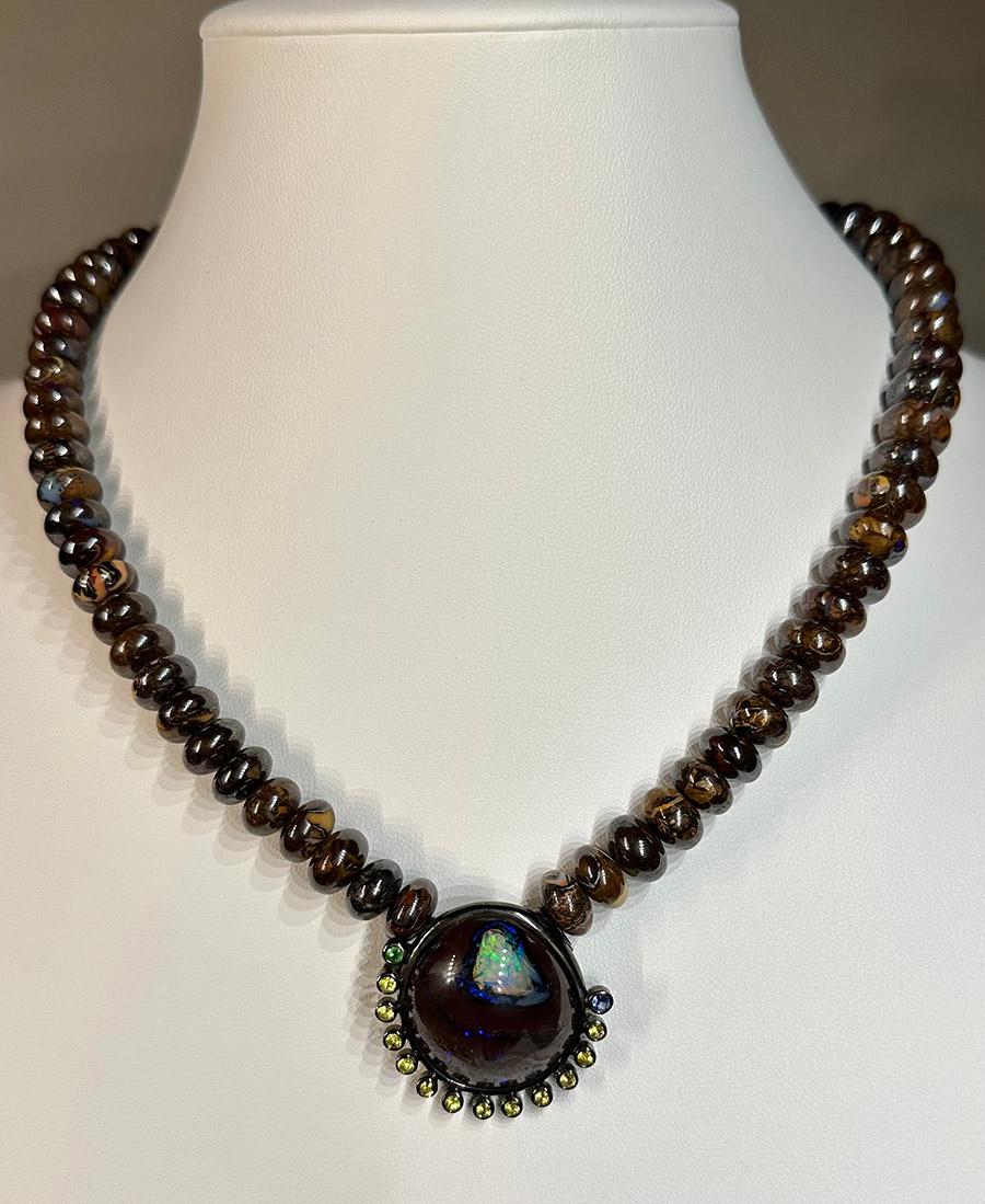 Boulder Opal, Sapphire and Tsavorite Pendant on a Beaded Boulder Opal Necklace. In New Condition For Sale In Seattle, WA