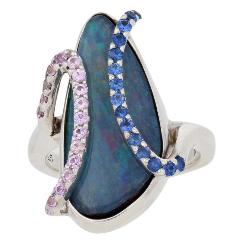 Boulder Opal & Sapphire Bypass Ring, Sterling Silver Round Cut .64ctw