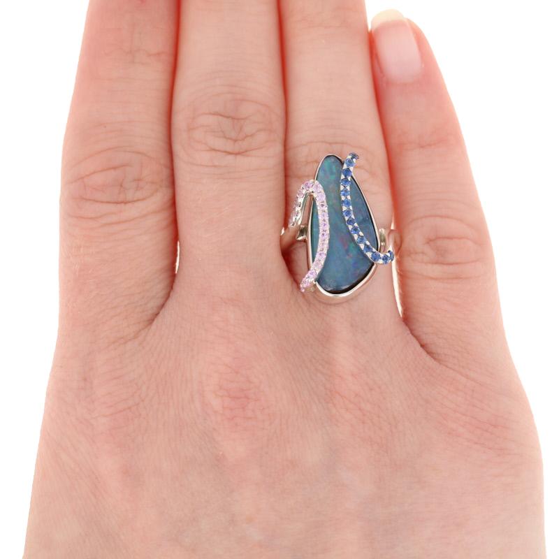 For Sale:  Boulder Opal & Sapphire Bypass Ring, Sterling Silver Round Cut .64ctw 3
