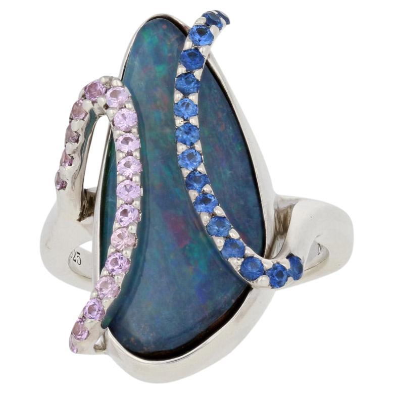Boulder Opal & Sapphire Bypass Ring, Sterling Silver Round Cut .64ctw For Sale
