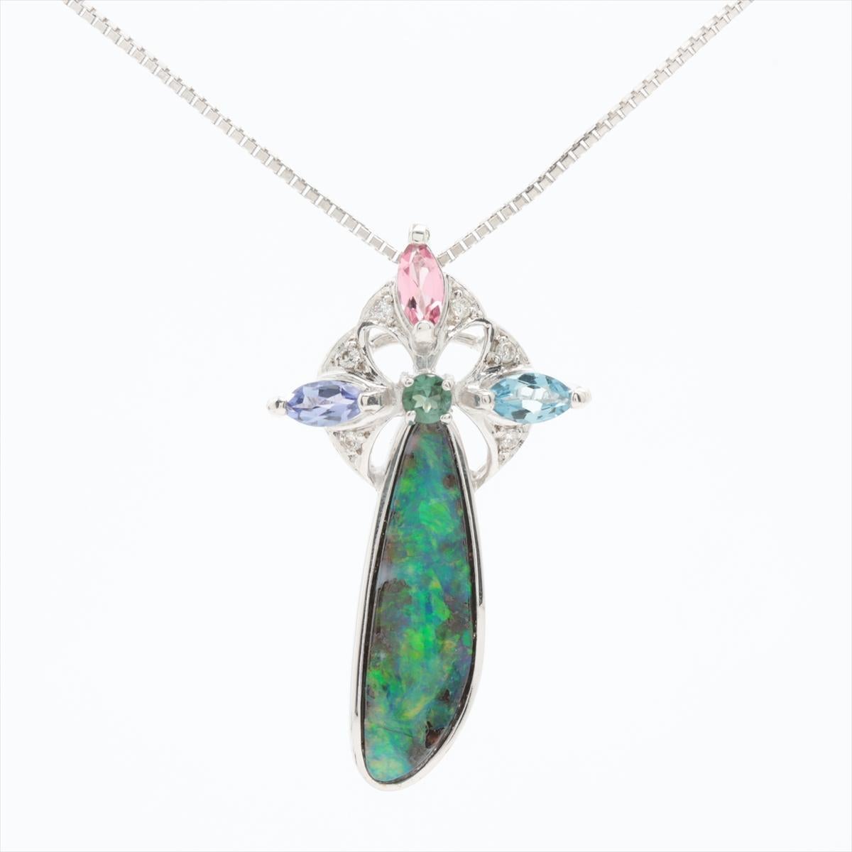 Modern Boulder Opal Sapphire Pendant. 18k White Gold Opal Diamond Sapphire Necklace. For Sale
