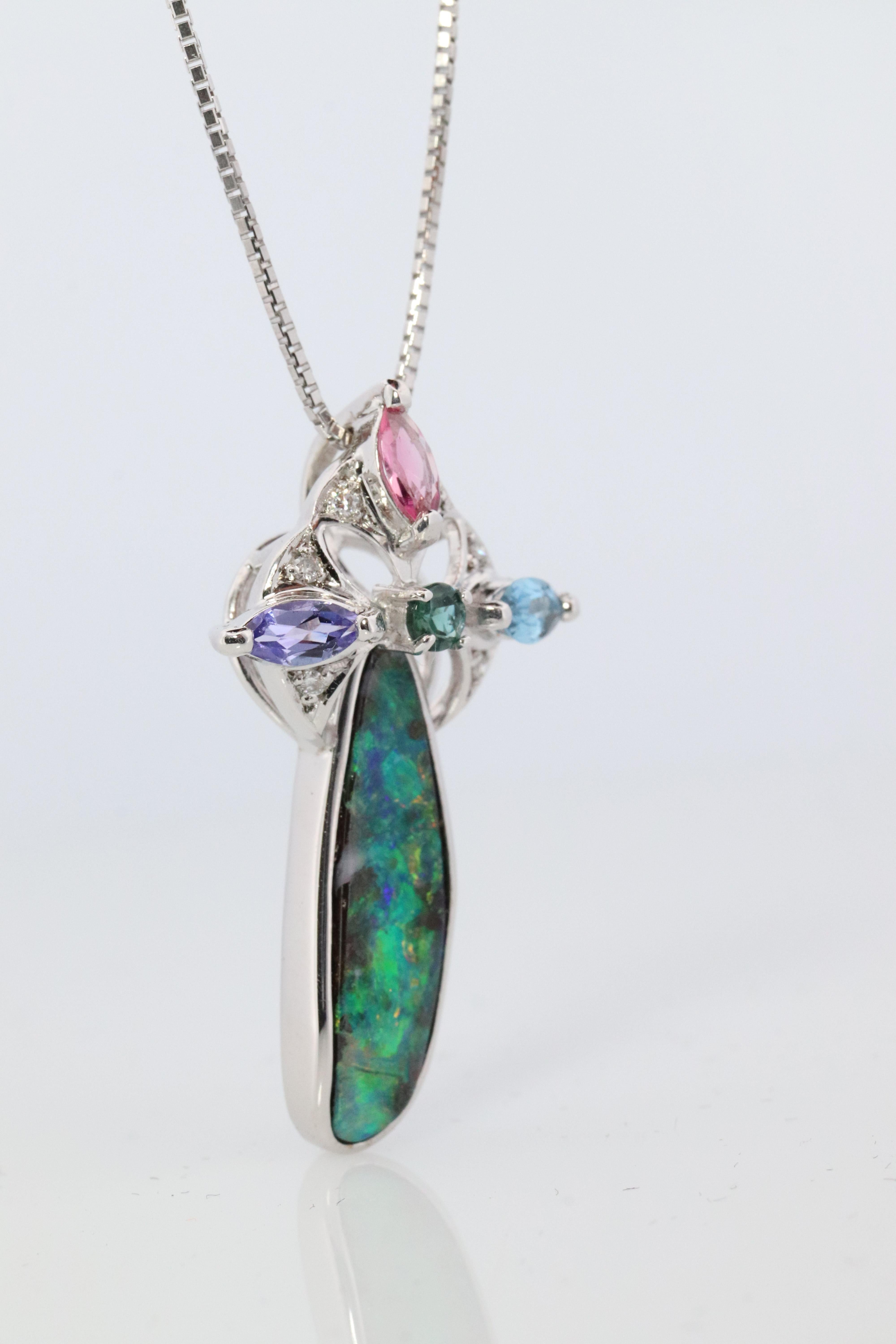 Cabochon Boulder Opal Sapphire Pendant. 18k White Gold Opal Diamond Sapphire Necklace. For Sale