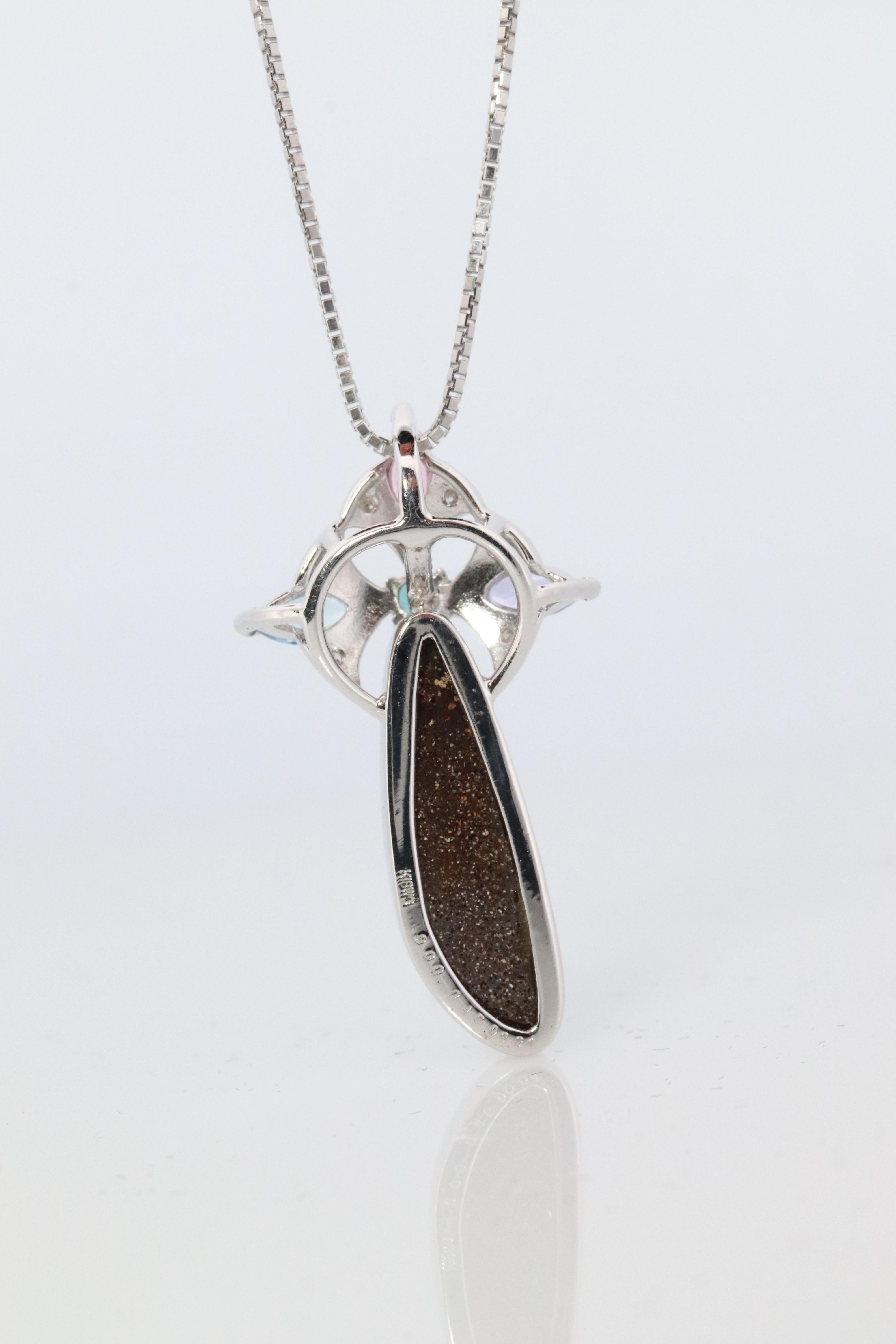 Women's Boulder Opal Sapphire Pendant. 18k White Gold Opal Diamond Sapphire Necklace. For Sale