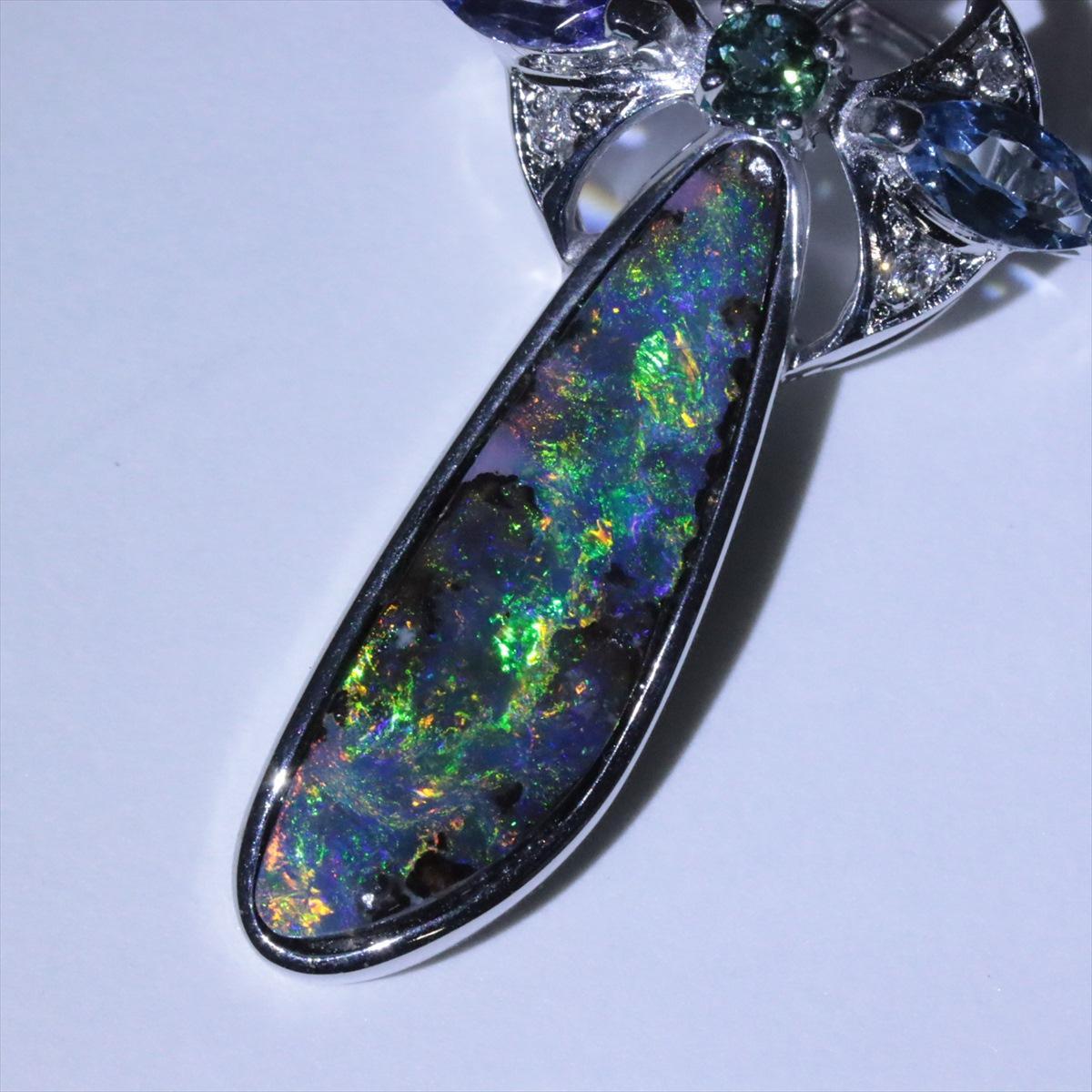 Boulder Opal Sapphire Pendant. 18k White Gold Opal Diamond Sapphire Necklace. For Sale 1