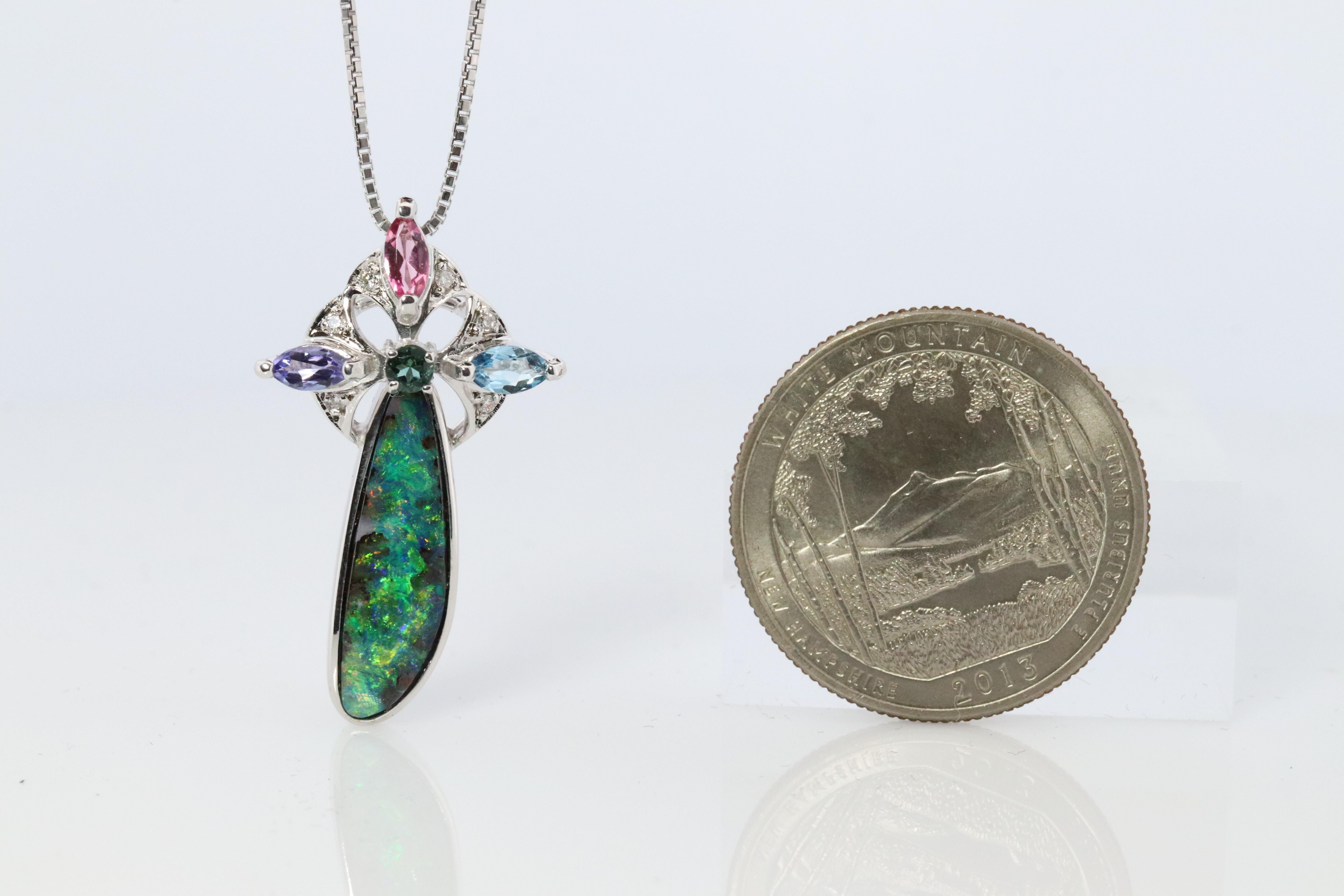 Boulder Opal Sapphire Pendant. 18k White Gold Opal Diamond Sapphire Necklace. For Sale 2