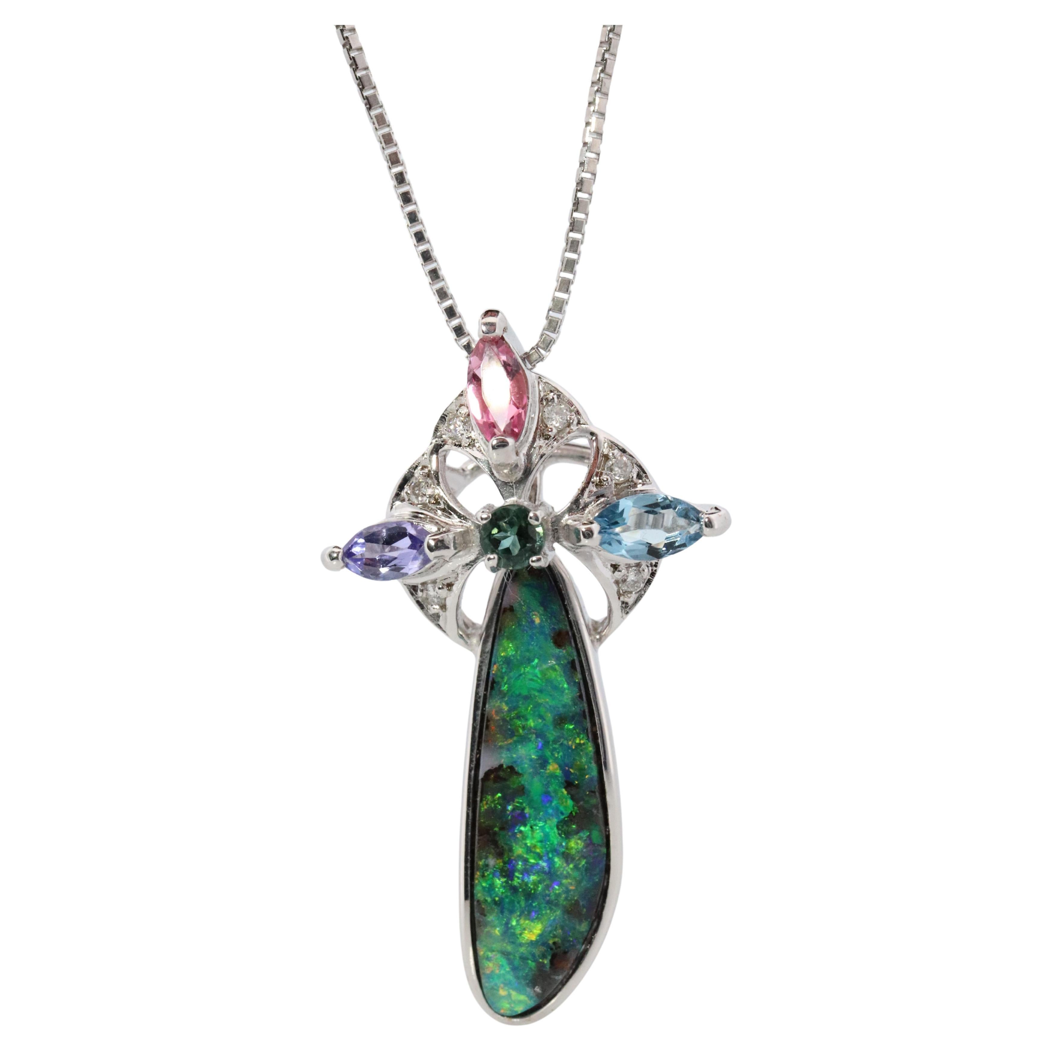 Boulder Opal Sapphire Pendant. 18k White Gold Opal Diamond Sapphire Necklace.