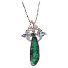 Boulder Opal Sapphire Pendant. 18k White Gold Opal Diamond Sapphire Necklace.