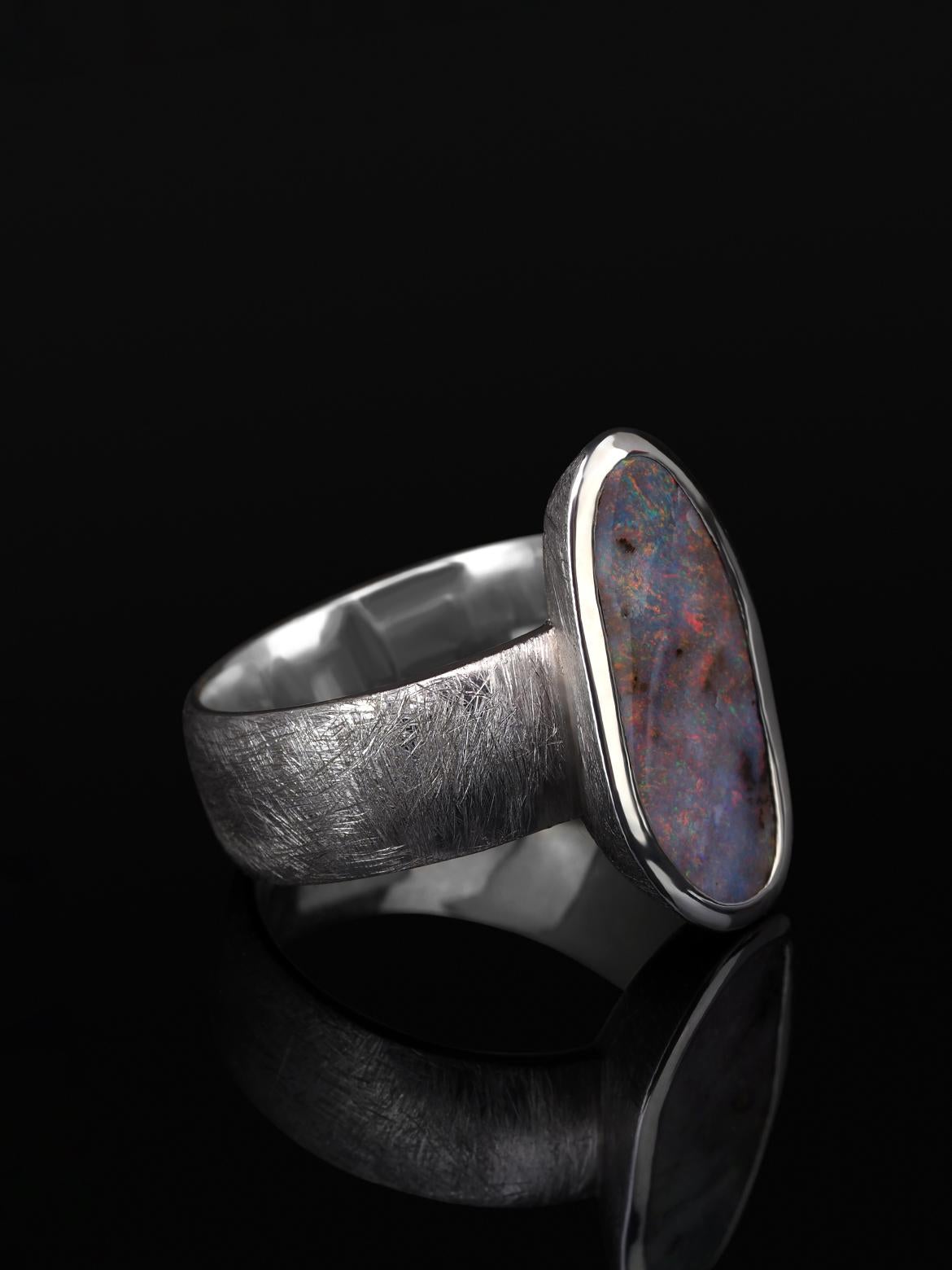 Artisan Boulder Opal Scratched Silver Ring Cosmic Dust Australian Gemstone Jewelry For Sale