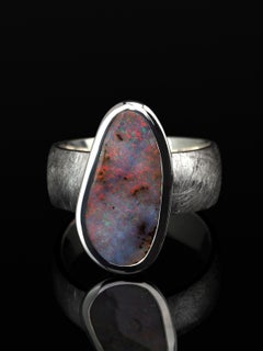 Boulder Opal Scratched Silver Ring Cosmic Dust Australian Gemstone Jewelry