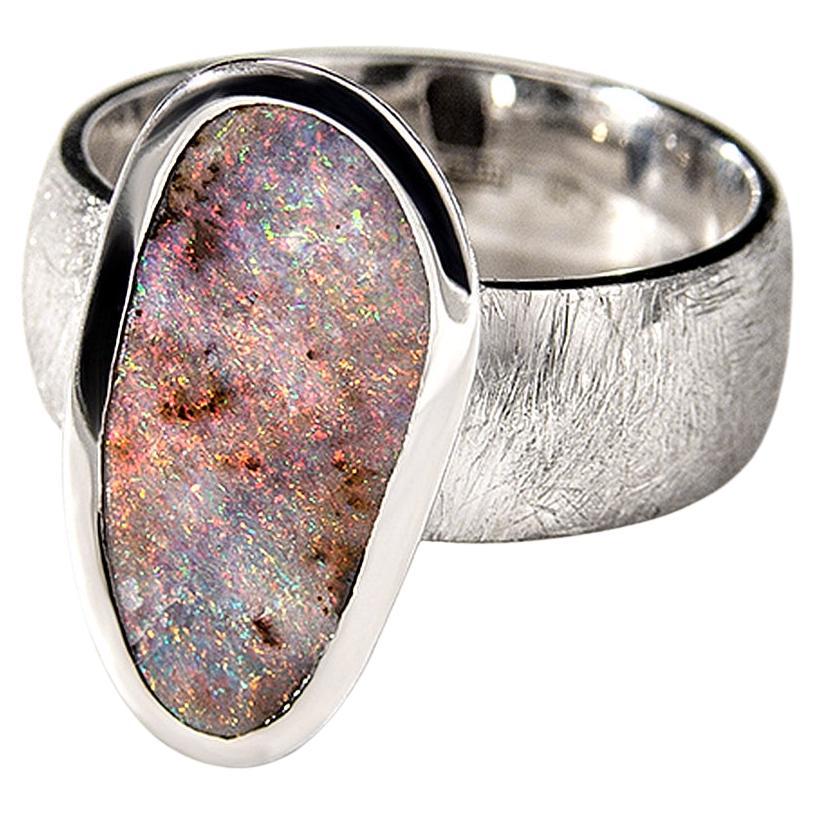 Boulder Opal Scratched Silver Ring Cosmic Dust Australian Gemstone Jewelry