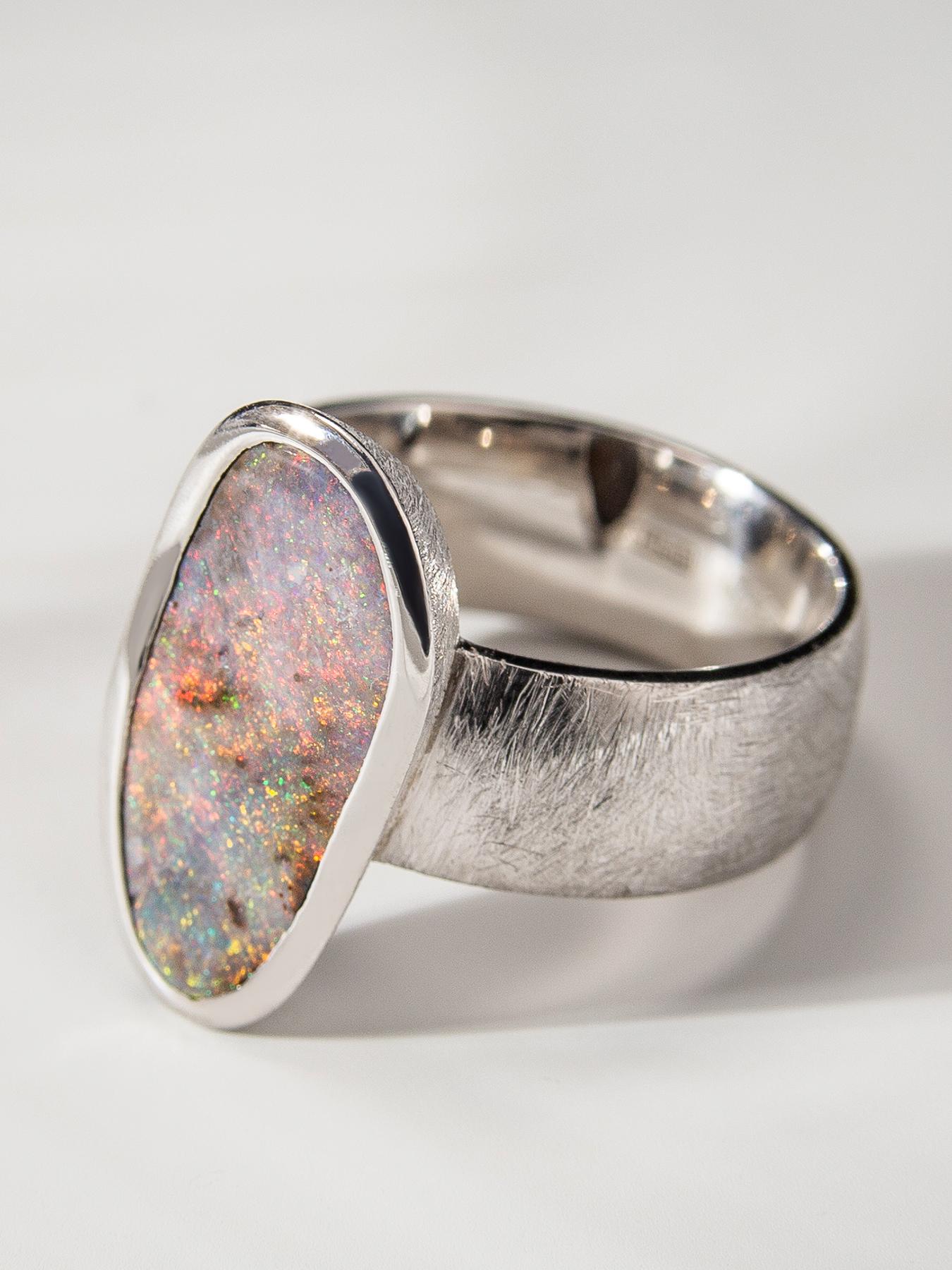 Boulder Opal Scratched Silver Ring Cosmic Dust Australian Gemstone Jewelry For Sale 1