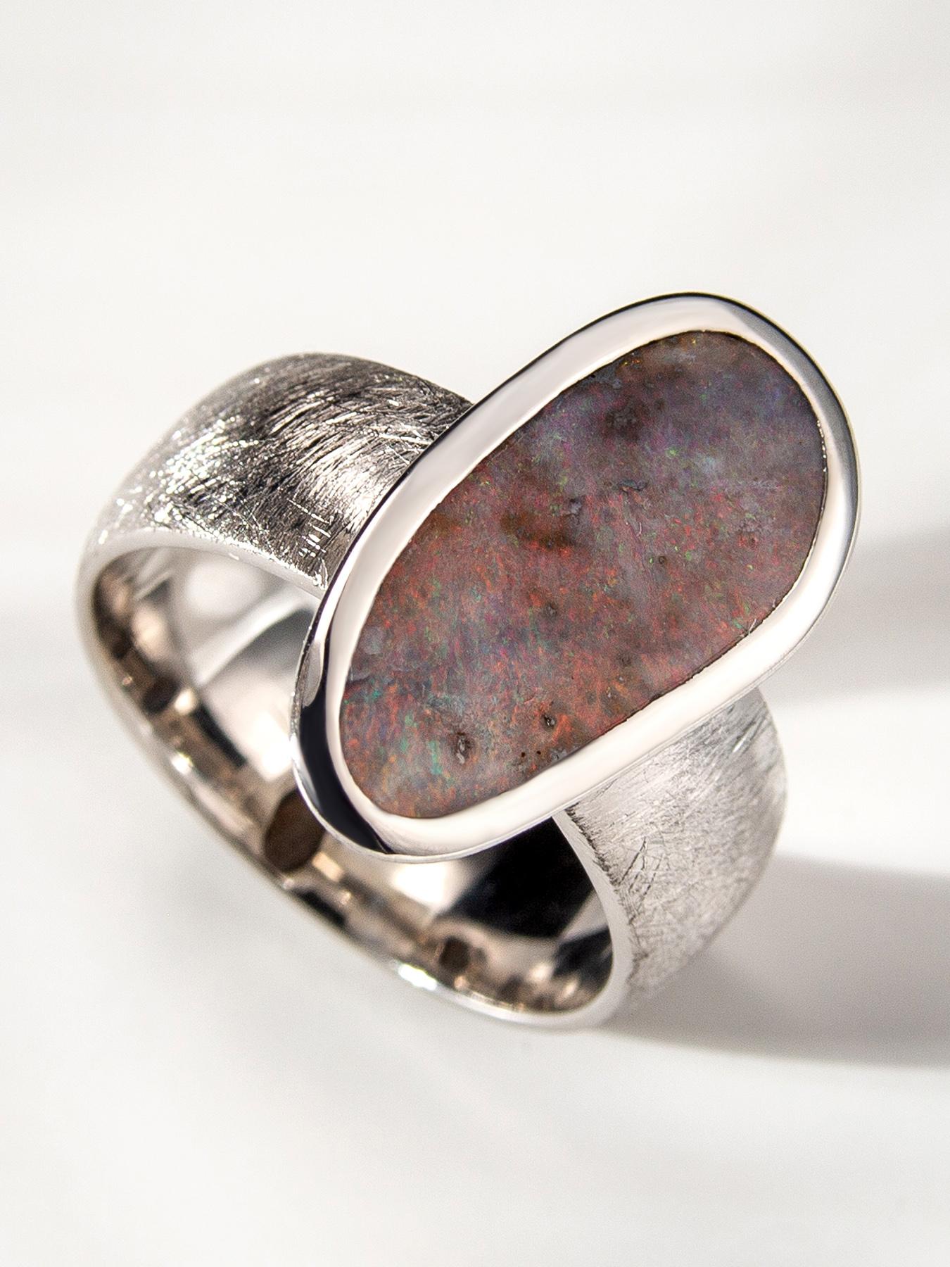 Artisan Boulder Opal Scratched Silver Ring Cosmic Dust Australian Gemstone Jewelry For Sale