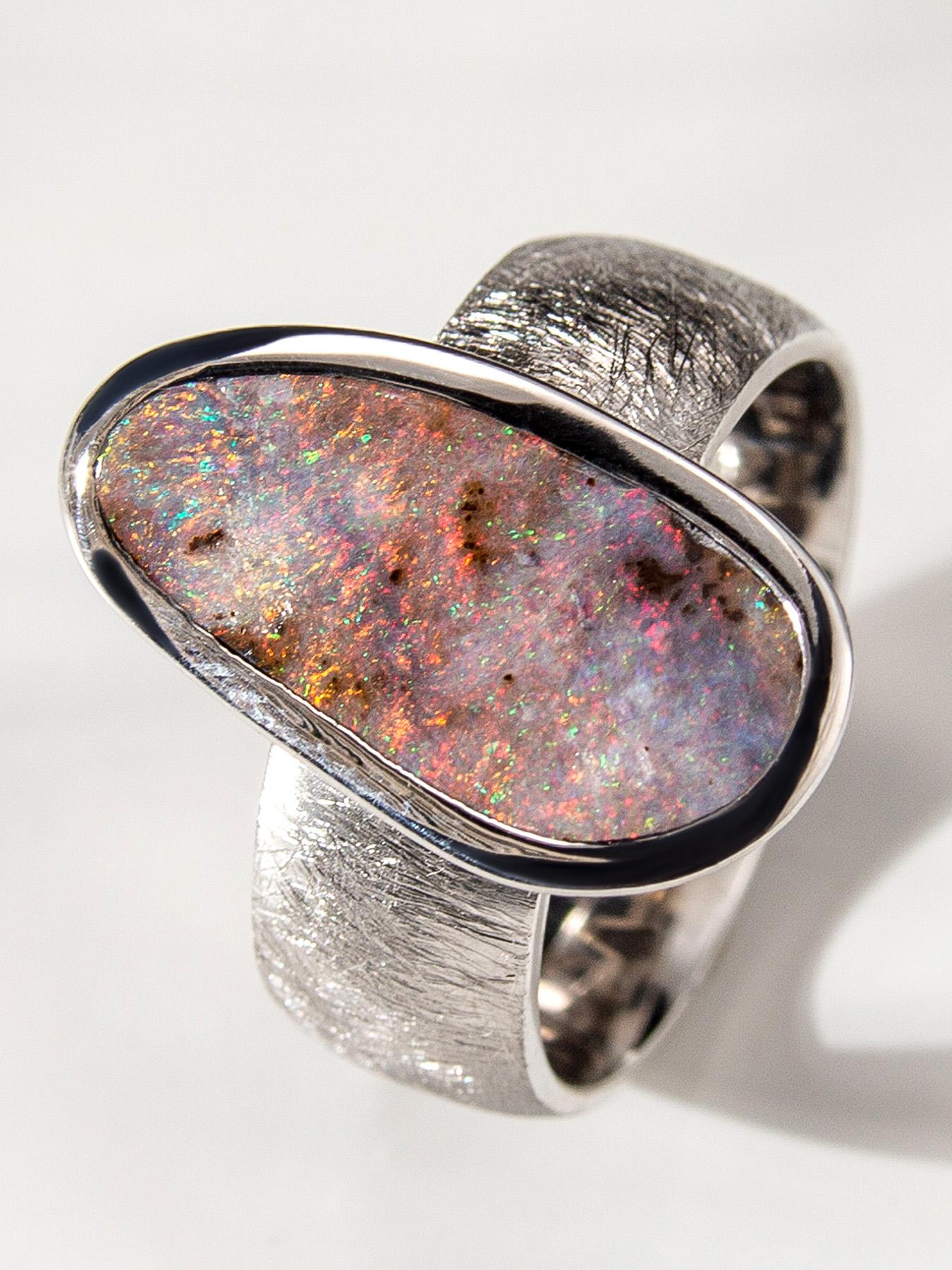 Cabochon Boulder Opal Scratched Silver Ring Cosmic Dust Australian Gemstone Jewelry For Sale