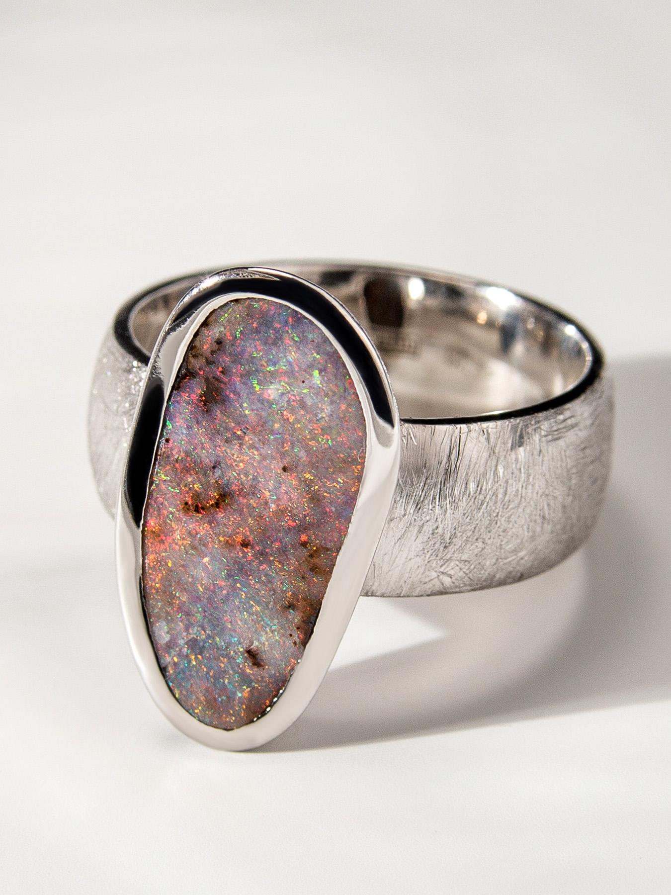 Women's or Men's Boulder Opal Scratched Silver Ring Cosmic Dust Australian Gemstone Jewelry For Sale