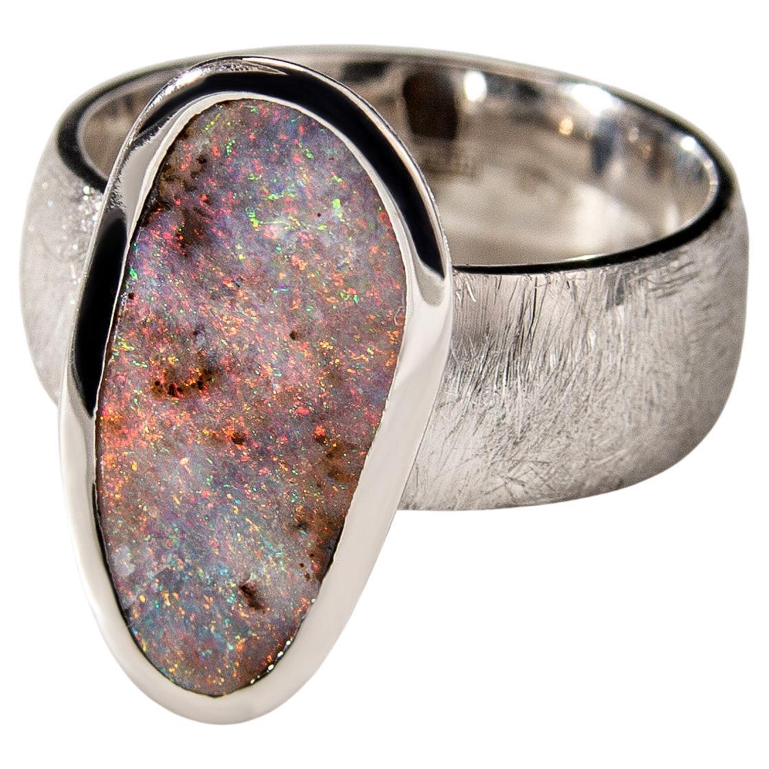 Boulder Opal Scratched Silver Ring Cosmic Dust Australian Gemstone Jewelry For Sale