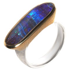 Boulder Opal Scratched Silver Ring Neon Dark Blue Stone Jewelry