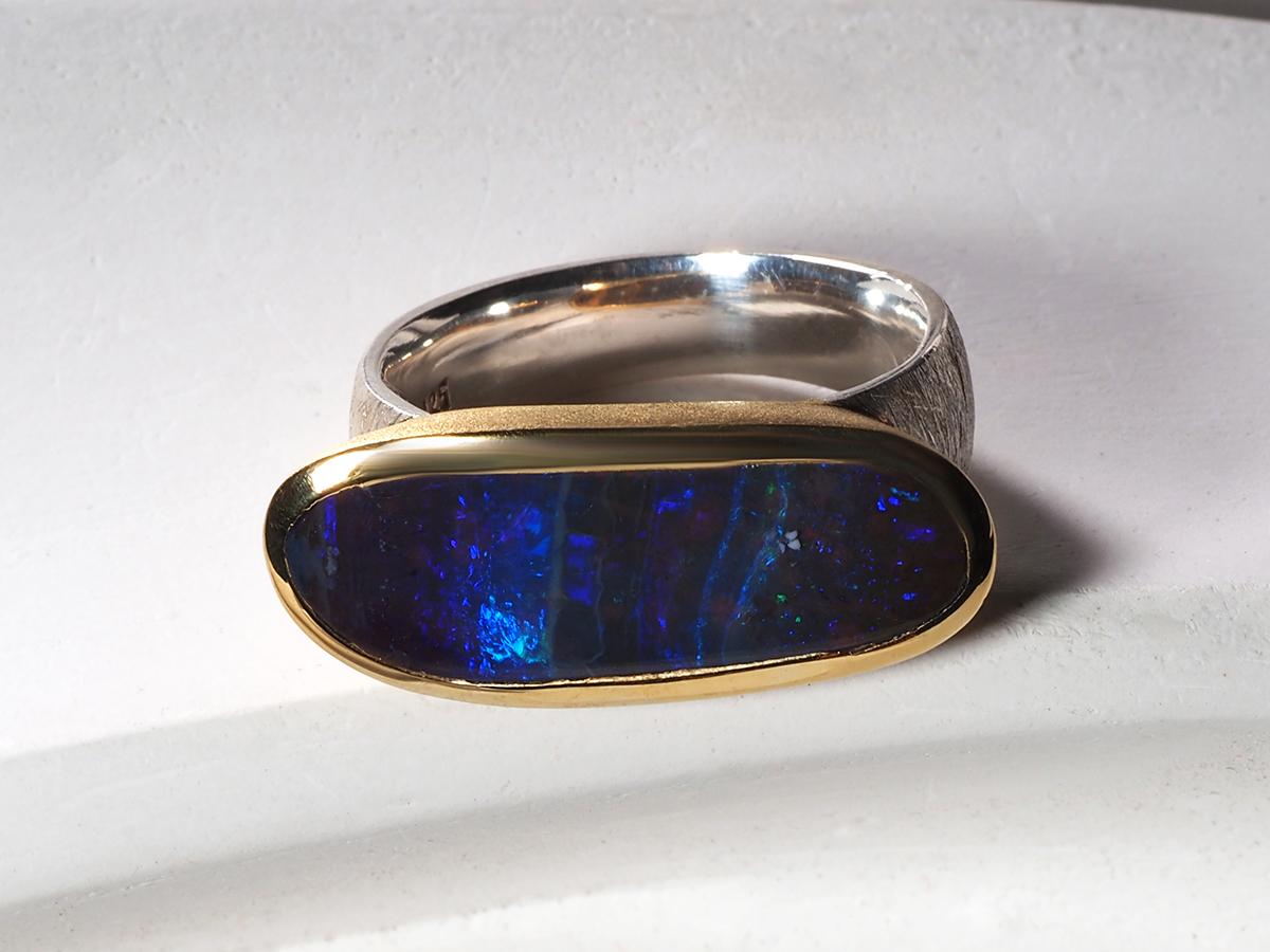 Boulder Opal Scratched Silver Ring Neon Dark Blue Stone Jewelry For Sale 1