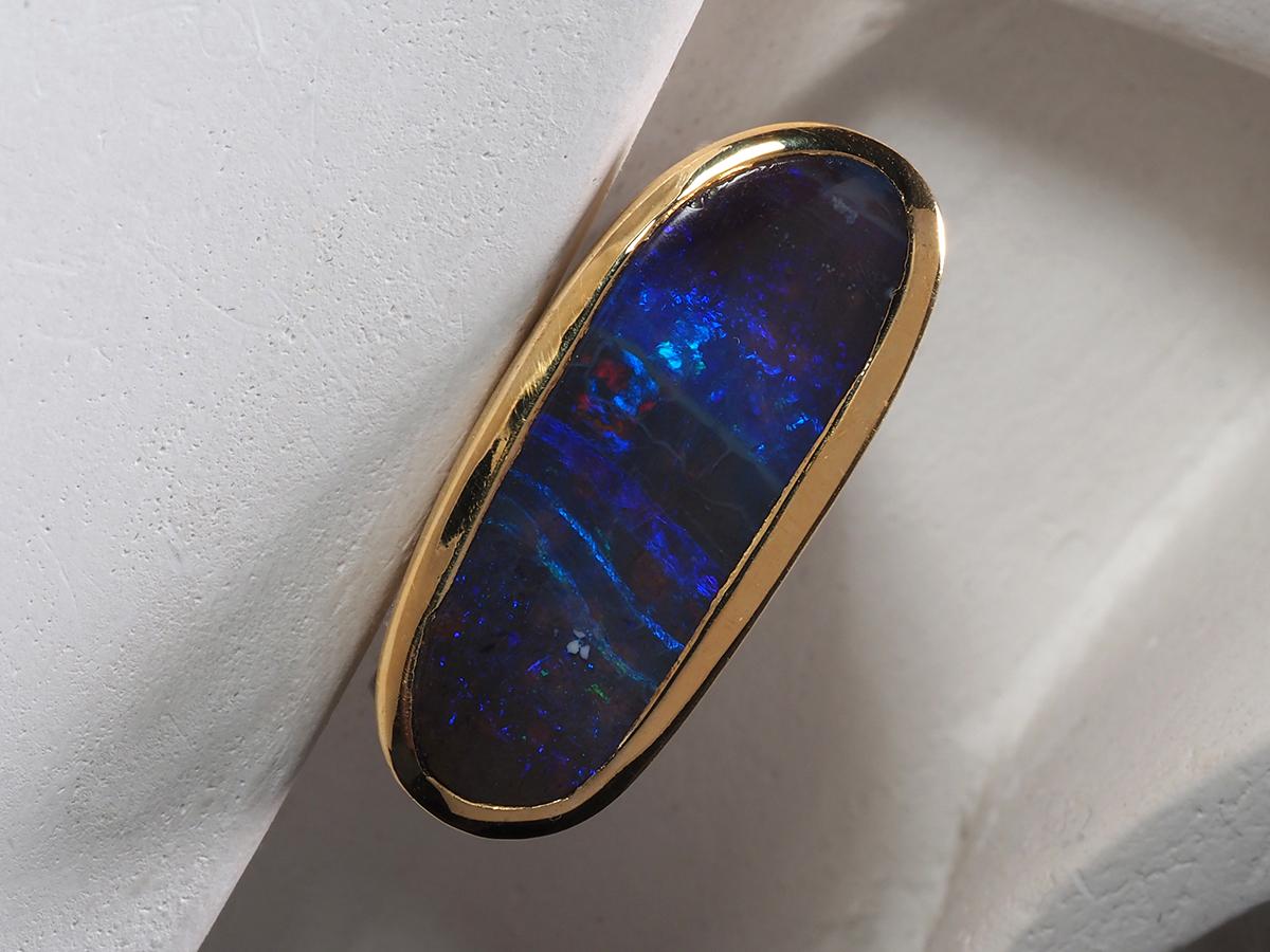 Boulder Opal Scratched Silver Ring Neon Dark Blue Stone Jewelry For Sale 2