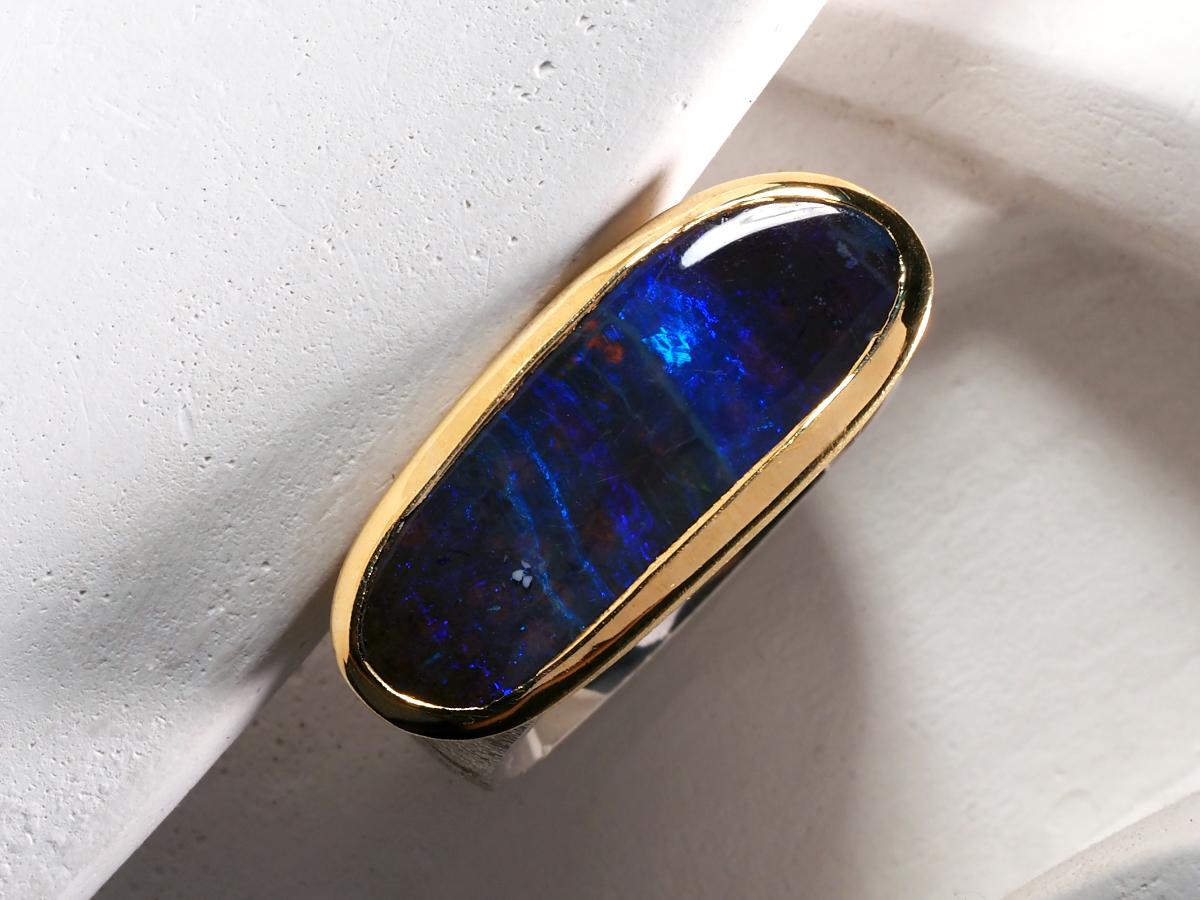 Boulder Opal Scratched Silver Ring Neon Dark Blue Stone Jewelry For Sale 3