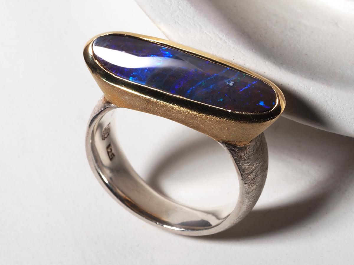 Boulder Opal Scratched Silver Ring Neon Dark Blue Stone Jewelry For Sale 4