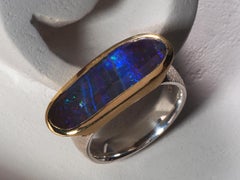 Boulder Opal Scratched Silver Ring Neon Dark Blue Stone Jewelry