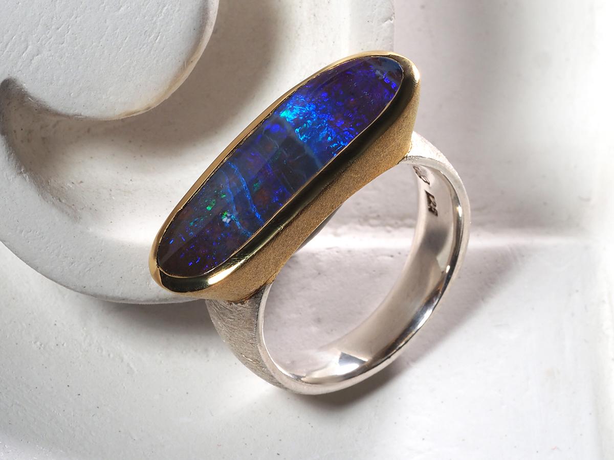 Cabochon Boulder Opal Scratched Silver Ring Neon Dark Blue Stone Jewelry For Sale