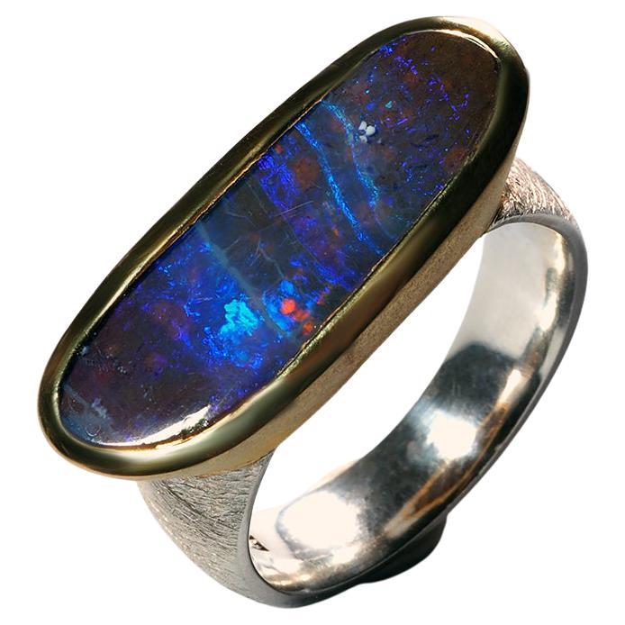 Boulder Opal Scratched Silver Ring Neon Dark Blue Stone Jewelry