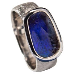 Boulder Opal Scratched Silver Ring Neon Deep Blue Natural Gem Unisex