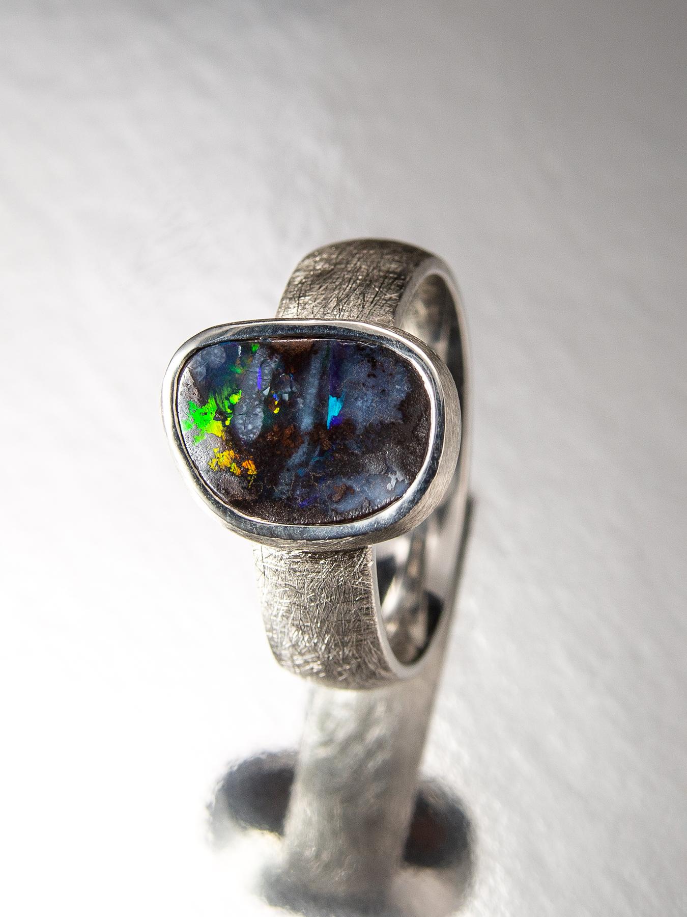 Boulder Opal Scratched Silver Ring Polychrome Multicolor Gemstones For Sale 4