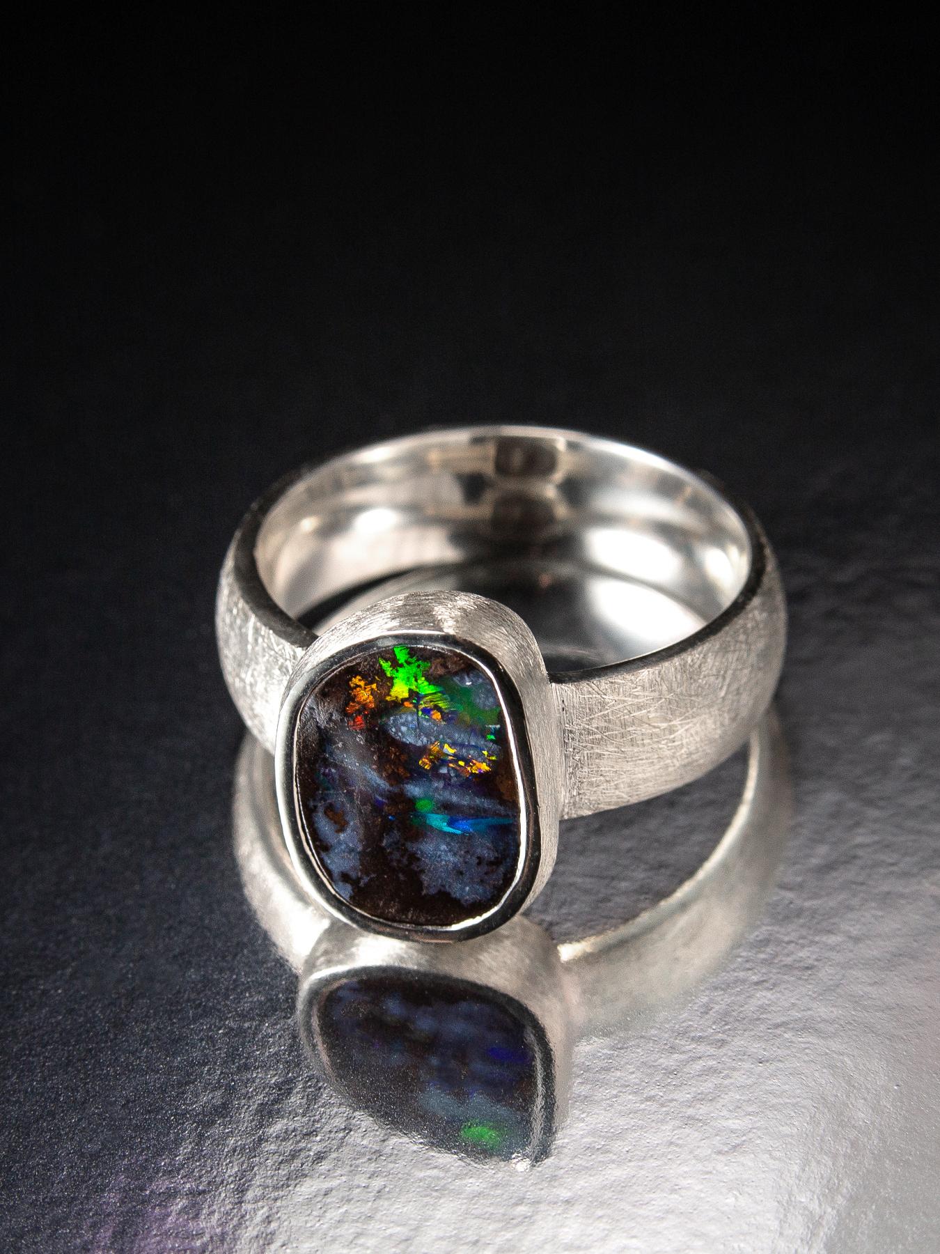 Boulder Opal Scratched Silver Ring Polychrome Multicolor Gemstones For Sale 6