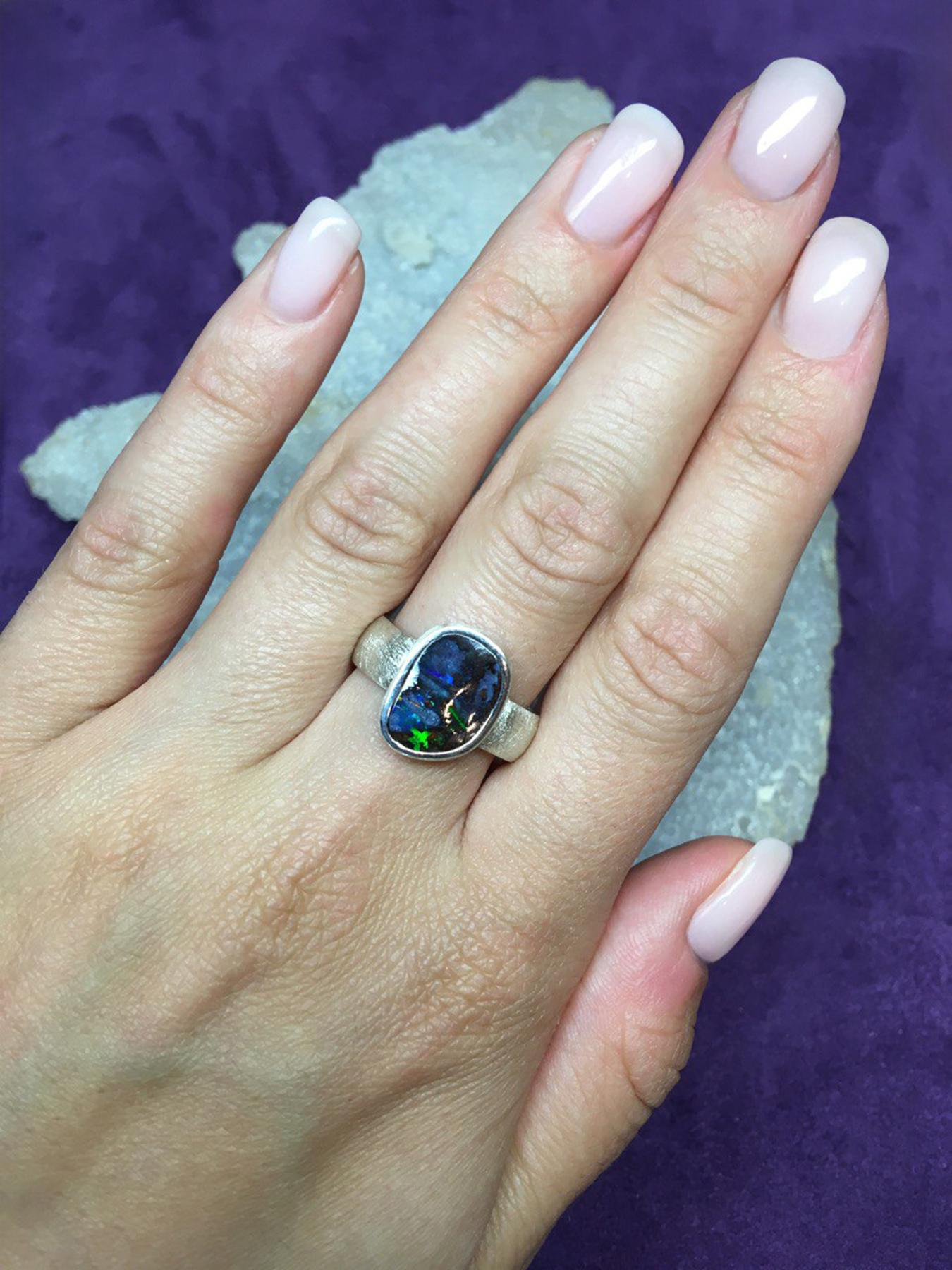 Artisan Boulder Opal Scratched Silver Ring Polychrome Multicolor Gemstones For Sale