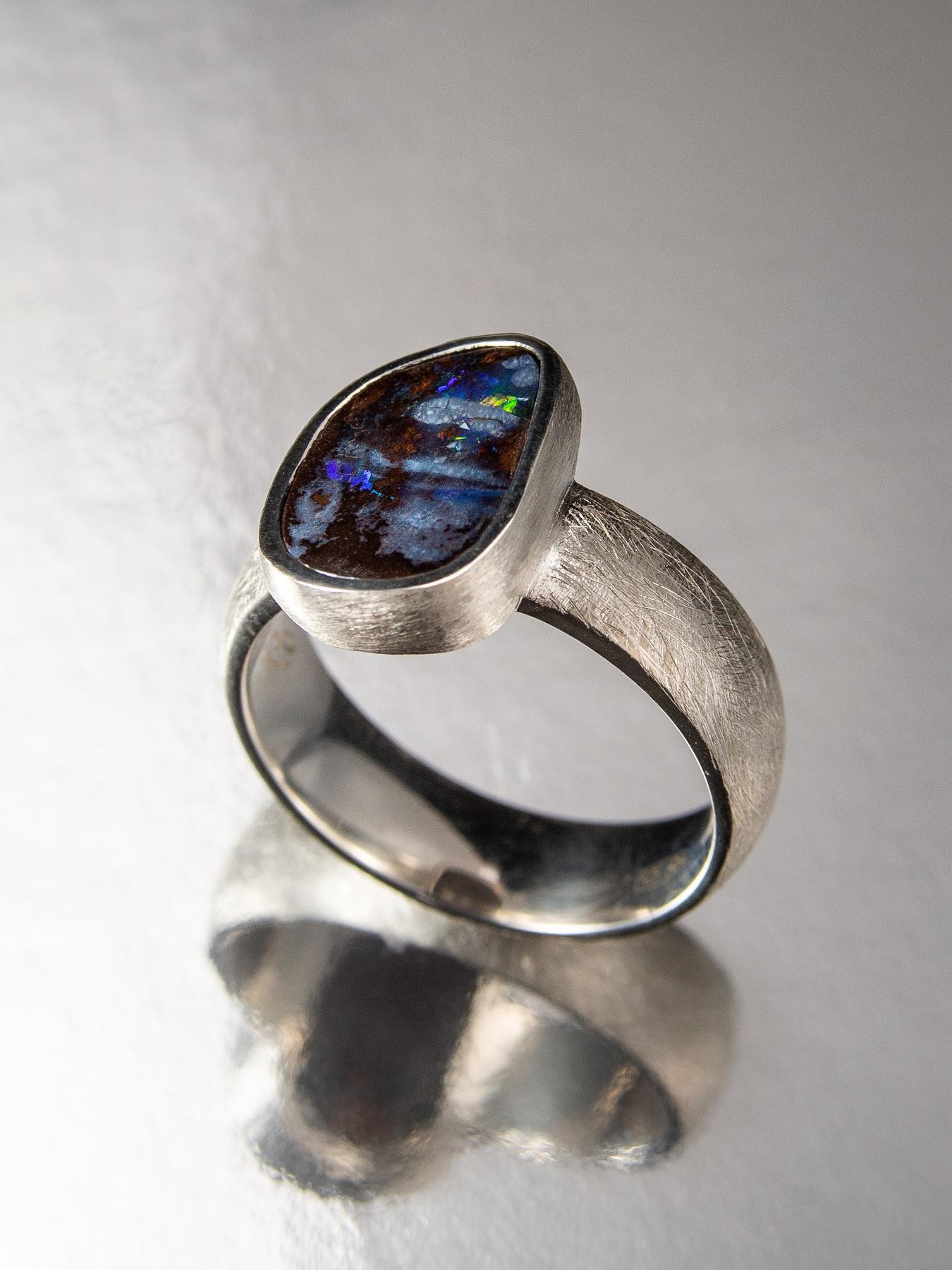 Oval Cut Boulder Opal Scratched Silver Ring Polychrome Multicolor Gemstones For Sale