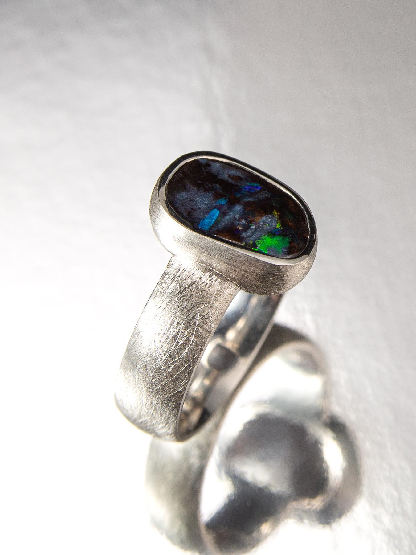 Boulder Opal Scratched Silver Ring Polychrome Multicolor Gemstones For Sale 1